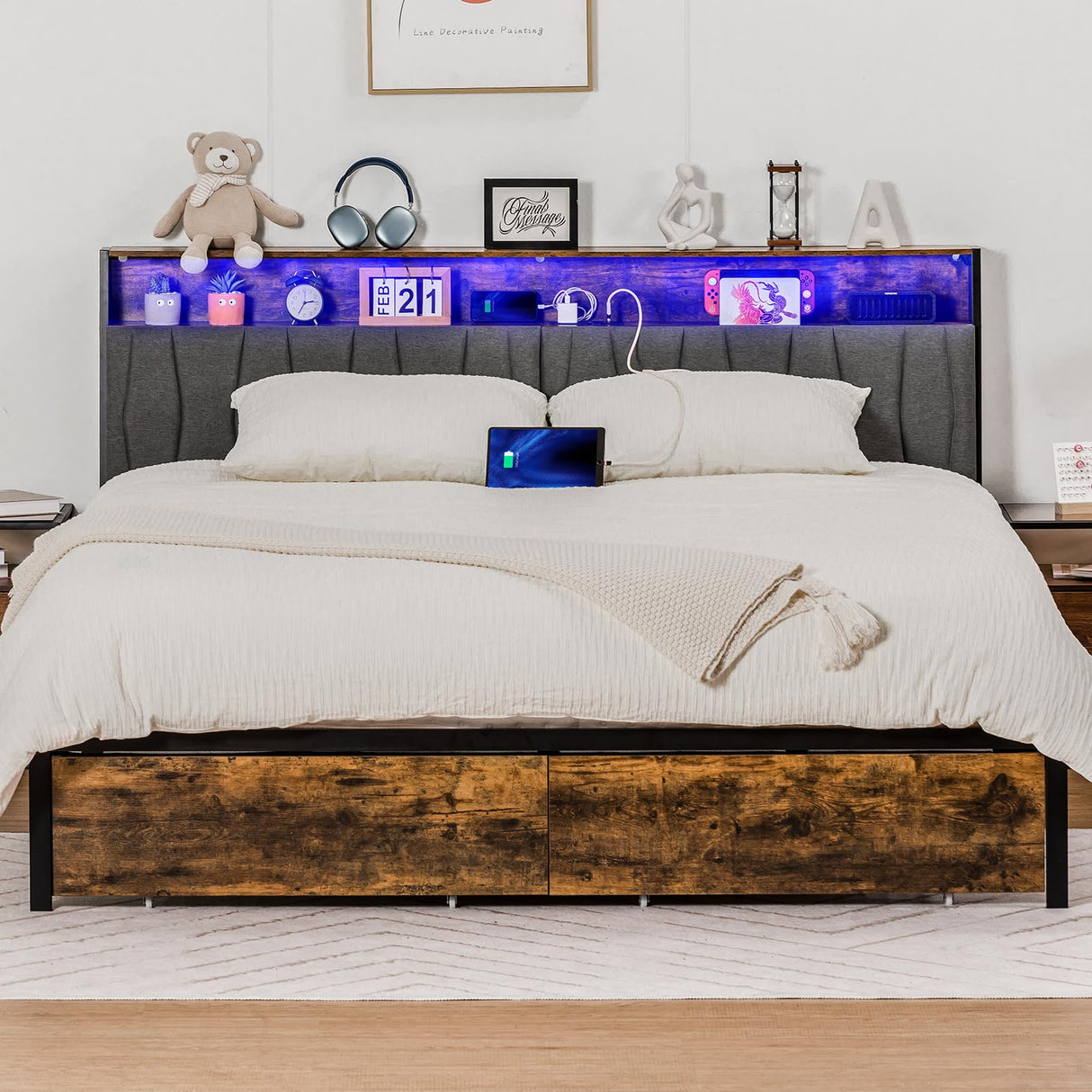 COMHOMA Platform Bed Frame with LED Lights and Charging Station, Storage Headboard and Footboard Drawers, No Box Spring Needed, Rustic Wood Look (King (U.S. Standard)) COMHOMA