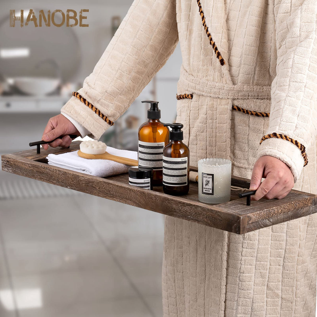 Hanobe Bathtub Tray Bath Caddy: Wood Tub Trays Table Extra Large Rustic Bathtub Shelf Across Tub Wooden Serving Tray with Handles for Bathroom, 31" Hanobe