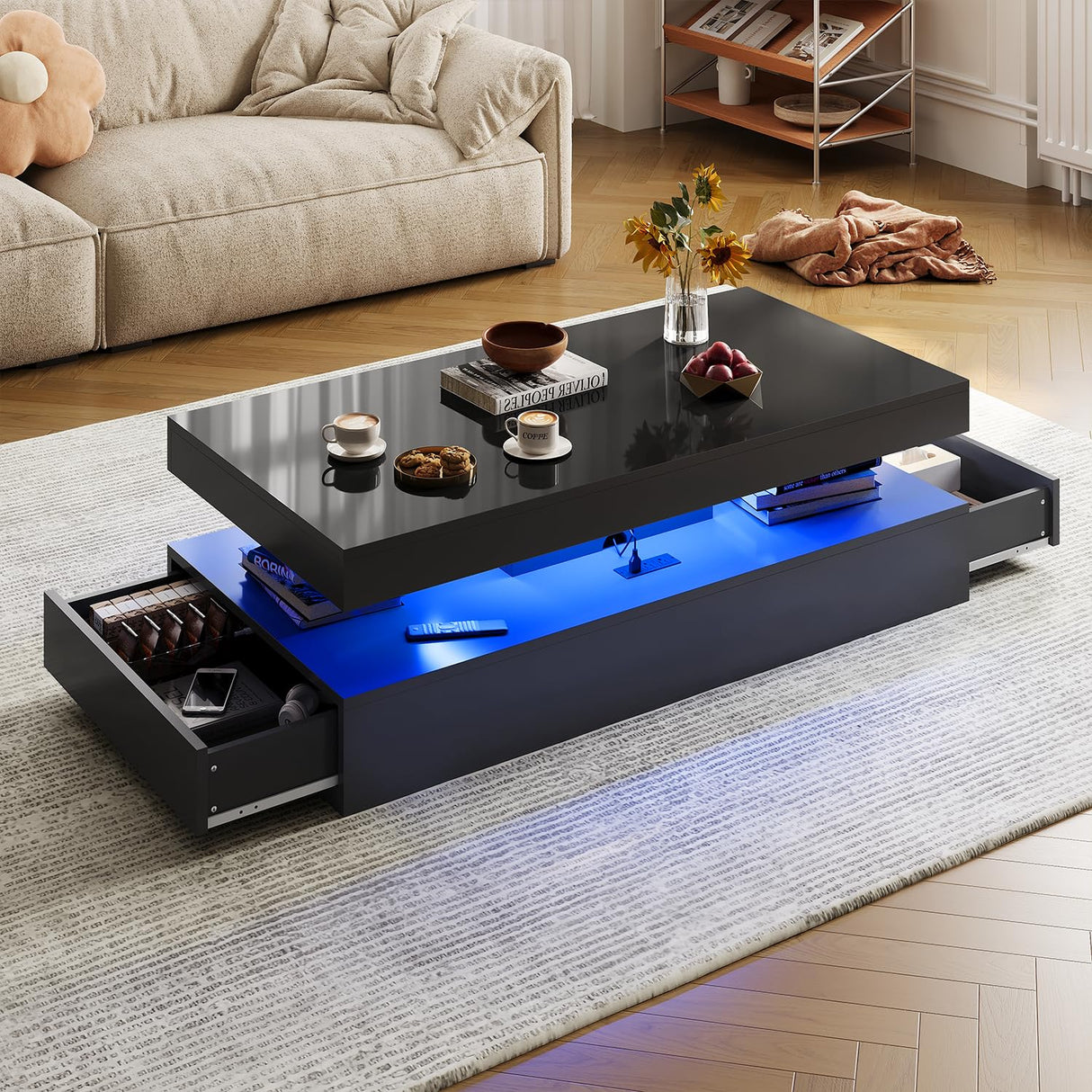 Nordivale 47” High-Glossy LED Coffee Table with 2 Sliding Drawers, Living Room Storage Coffee Tables, Modern Stylish Double-Layer Center Tables with LED Lights, Black Nordivale