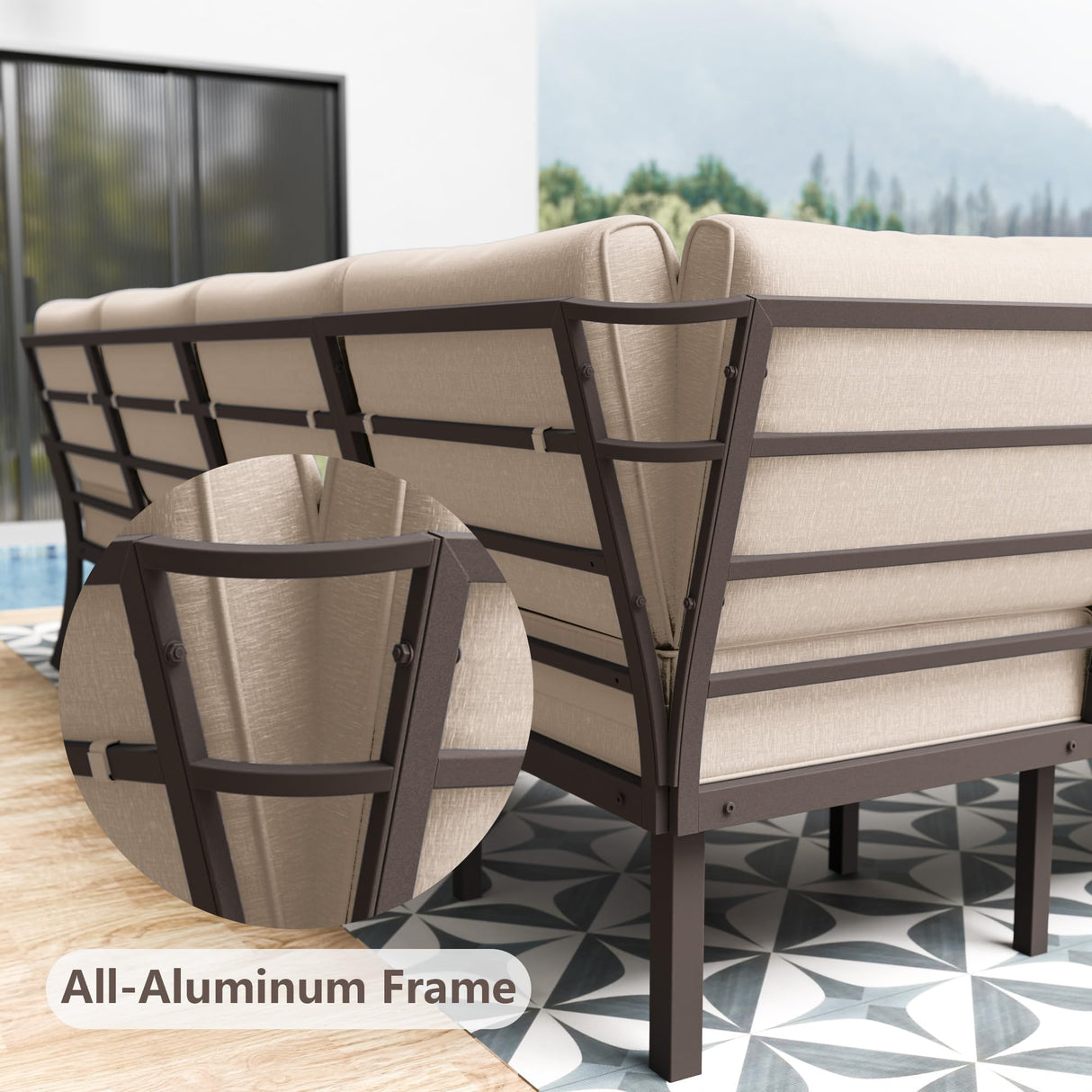 ASJMR 10-seat Aluminum Patio Furniture Set, L-Shaped Sectional Sofa with 5.1" Cushions, High Backrest & 2 Footstools, Durable Outdoor Patio Furniture Set, Backyard, Poolside - Sand ASJMR