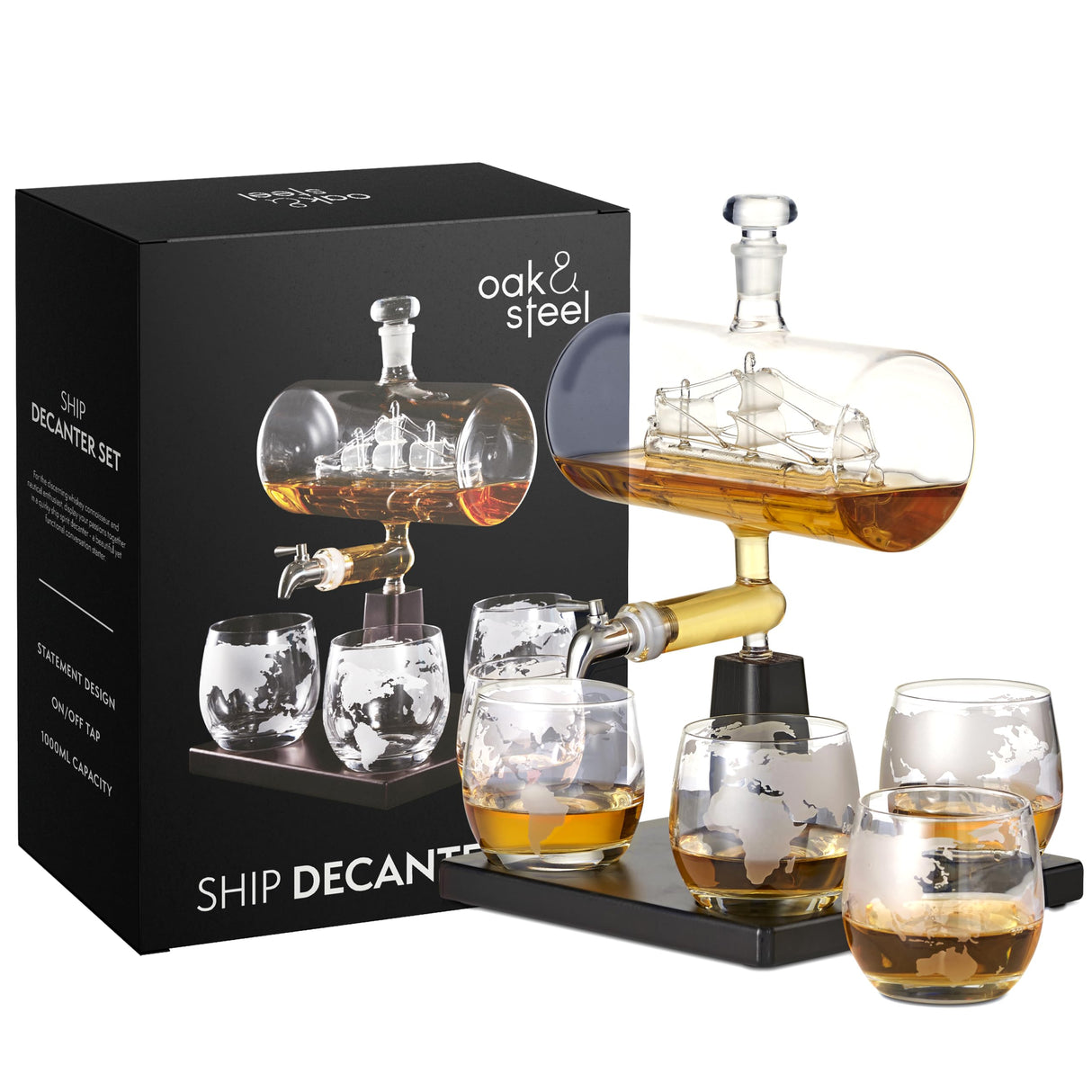 Oak & Steel - 35oz/ 1000ml Ship Whiskey Decanter - Decanter Set for Men - Whiskey Dispenser - Liquor Dispenser Set with 4 Glasses for Whiskey, Bourbon, Tequila - Gifts for Men & Husband OS Oak & Steel ENGLAND