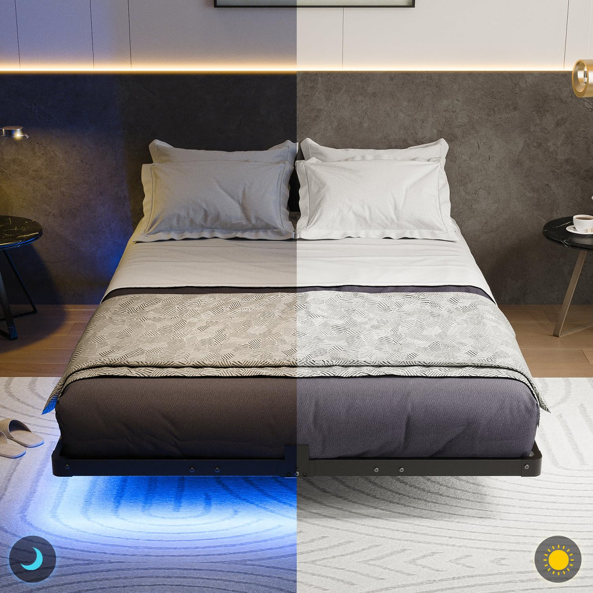 Full Size Modern Floating Bed Frame with Smart LED Lights, USB Charging Station, Sturdy Metal Platform, No Box Spring Needed, and Easy Assembly Liians