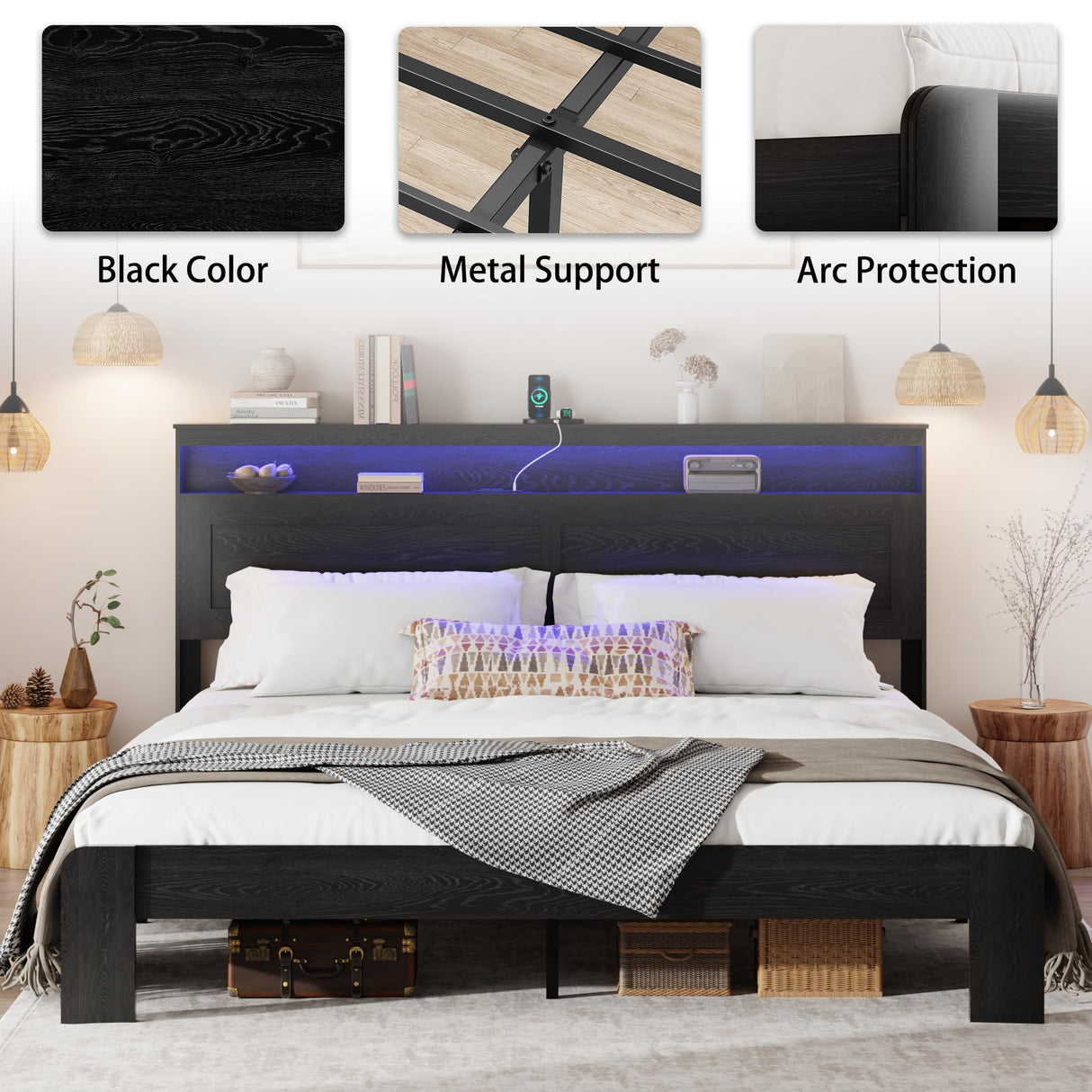 madeslves Wooden Bed Frame King Size with Storage Headboard, Rustic Platform Bedframe with LED Lights & Charging Station, Sturdy Metal Slats Support, Noise-Free, No Box Spring Needed, Black madeslves