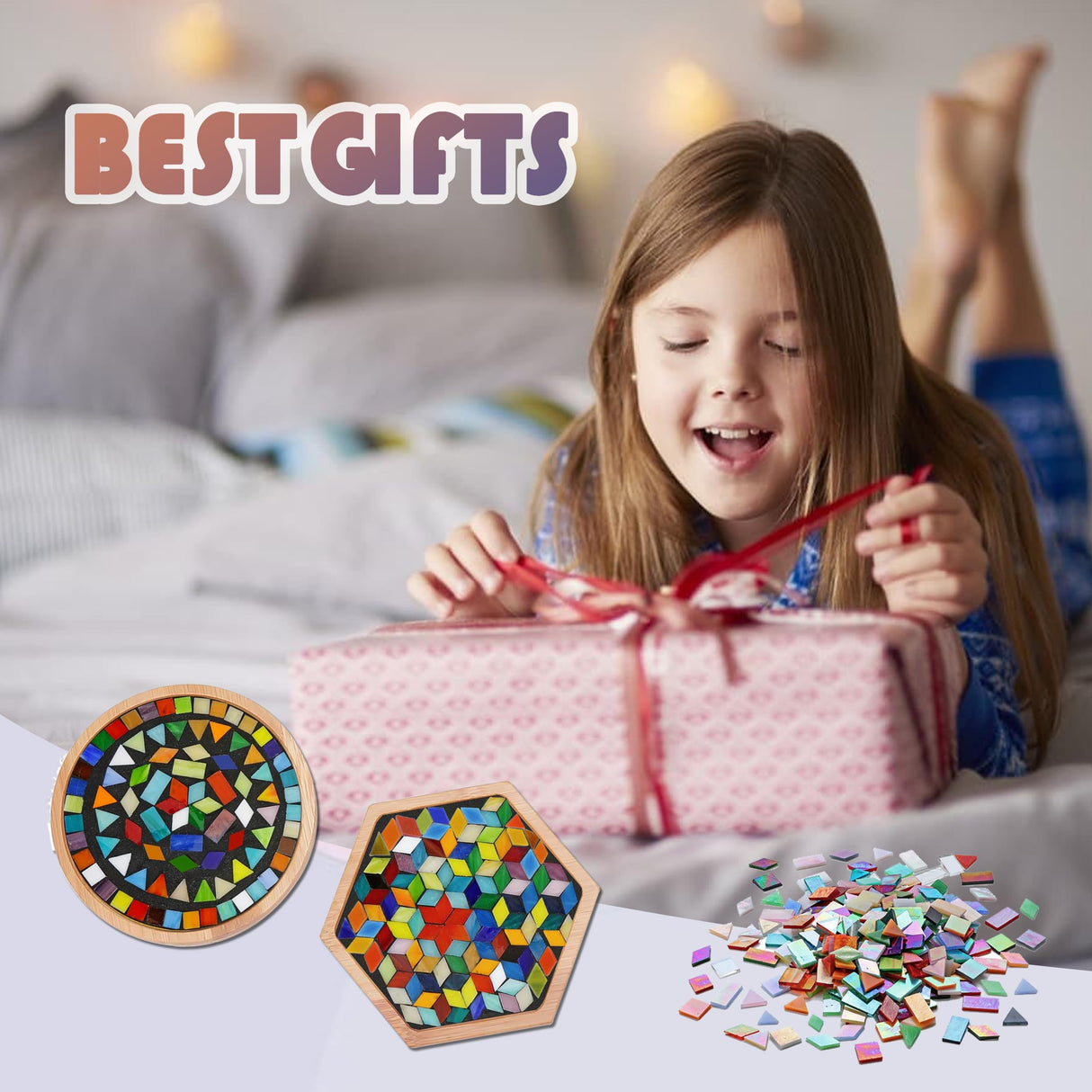 DIY Mosaic Tiles Crafts Kits for Adults, Mixed Stained Glass Mosaic Kit with 2 Sets Wooden Coaster Making Materials Package,Mosaic Adult Crafts for Women Kids Beginners Handmade Home Decor Gifts Nuyoach