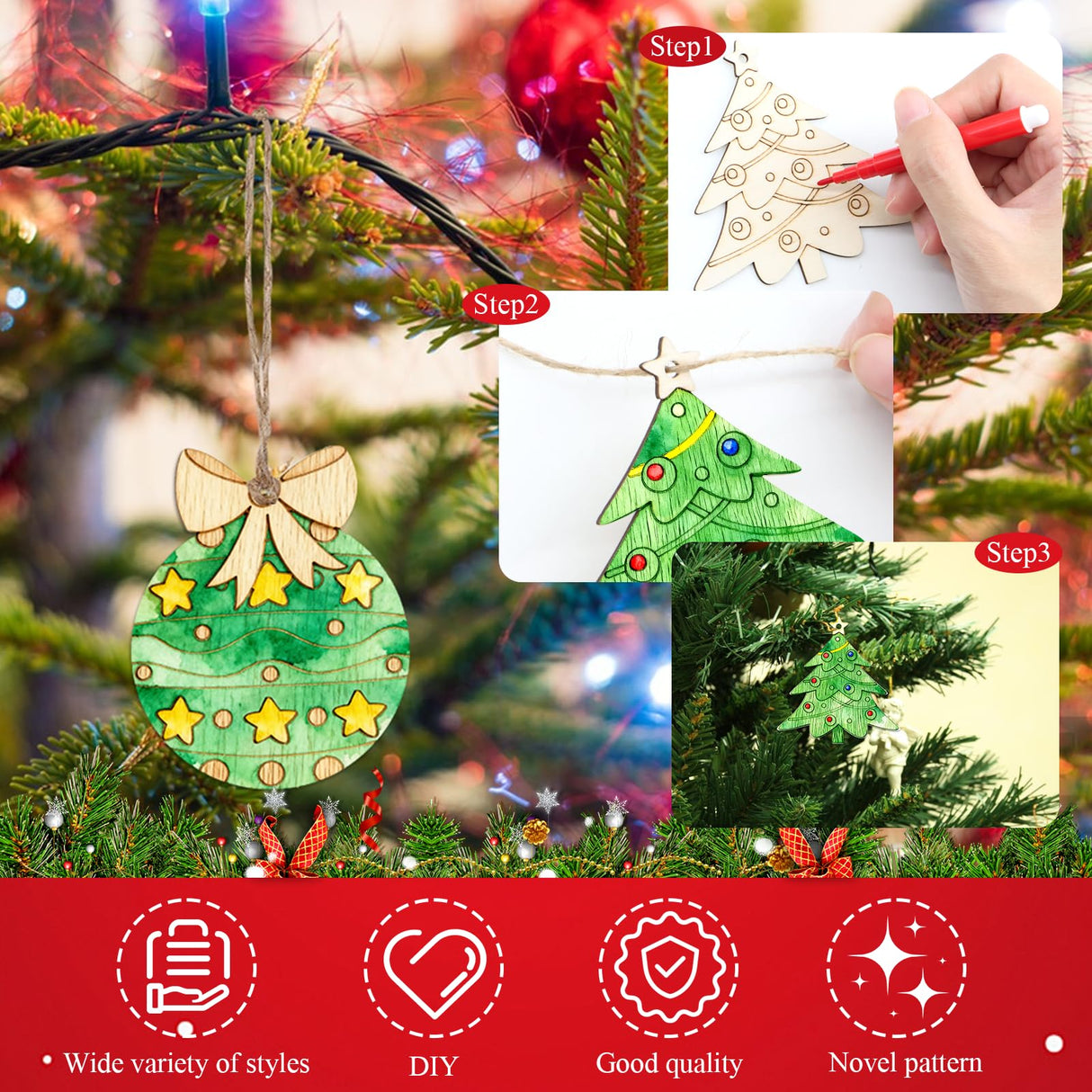 SPOKKI 108PCS Wooden Christmas Ornaments Unfinished to Paint, 12 Styles DIY Blank Wood Slices for Crafts, Christmas Tree Hanging Decorations, Holiday DIY Art Craft Kit for Kids and Adults SPOKKI