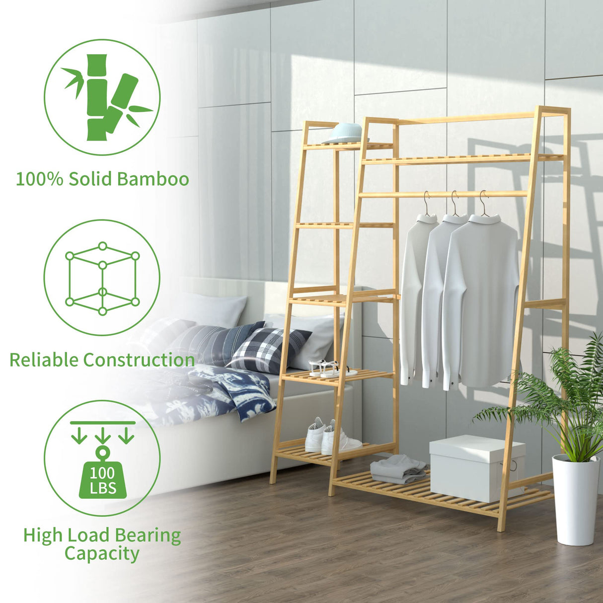 43.5" Bamboo Garment Rack - Free Standing Clothes Coat Hanger, Rolling Closet Organizer with Shoe Rack, Wardrobe Storage Shelves for Hall, Living Room, Bedroom, Office RELIANCER