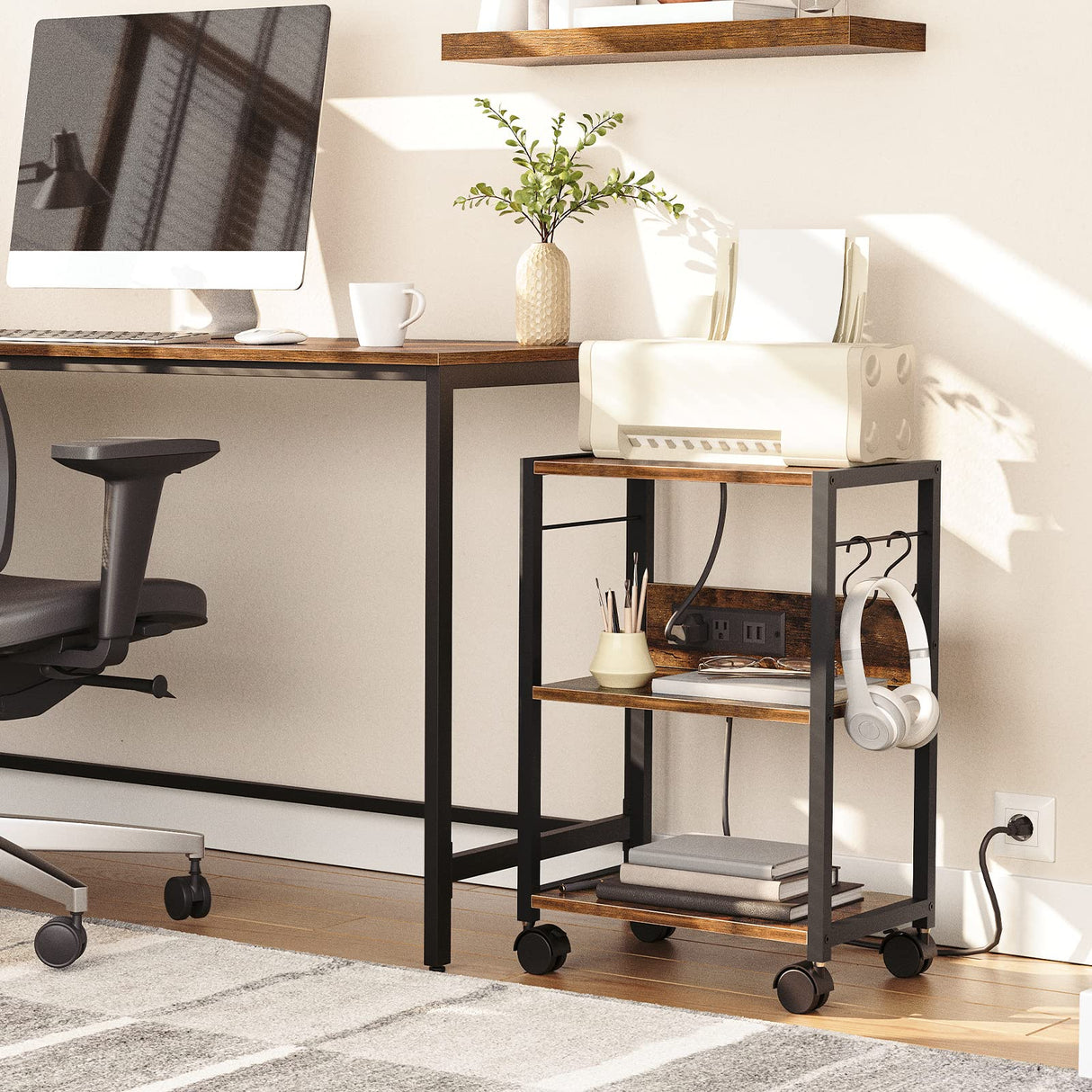 MAHANCRIS Industrial Printer Cart, 3-Tier Mobile Printer Stand, Rolling Cart with Power Outlets and USB Ports, Home Printer Stand with 2 Hooks, for Office, Living Room, Rustic Brown PTHR40E01Z MAHANCRIS