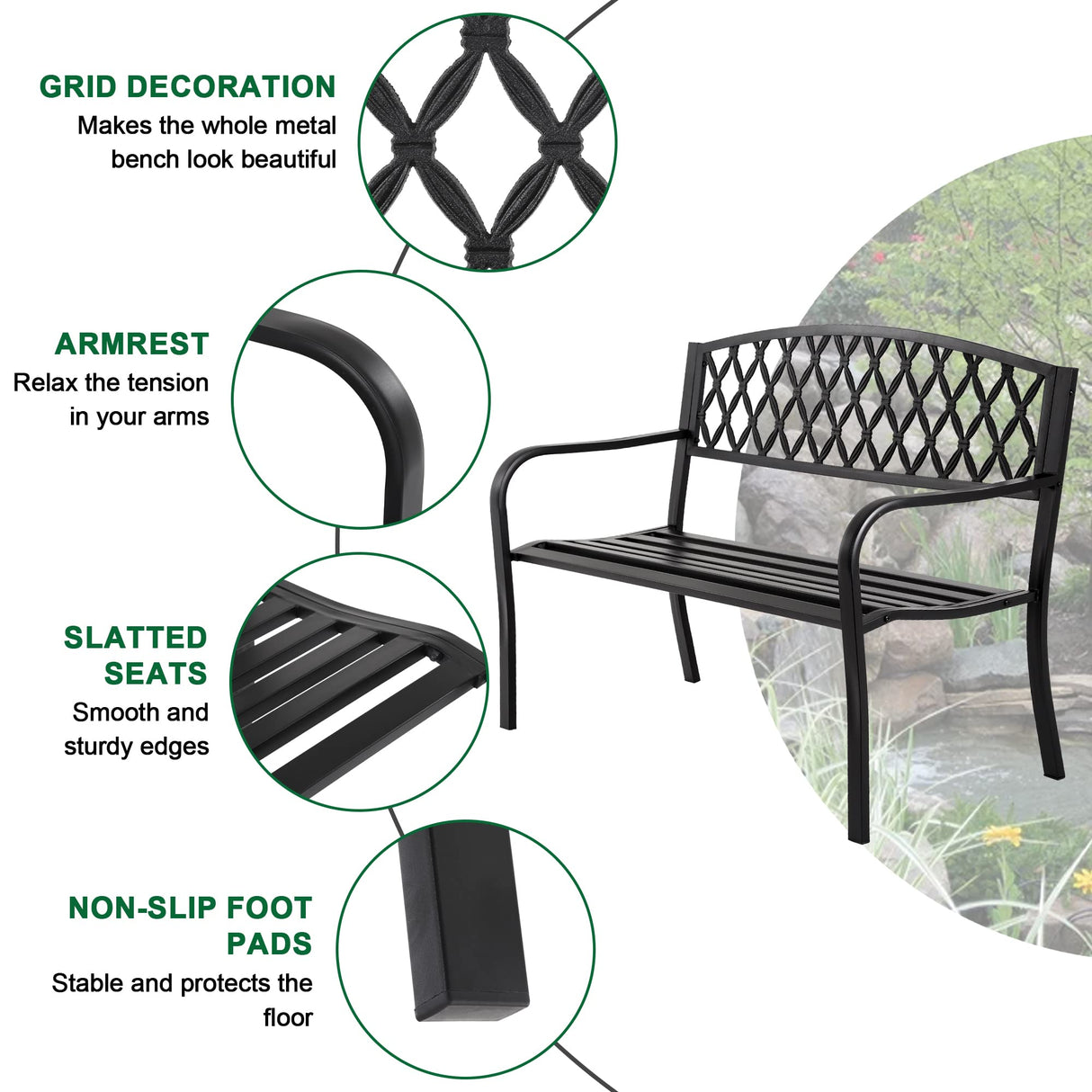 50-Inch Garden Bench,Park Outdoor Bench Metal Bench Clearance Yard Porch Chair with Steel Frame Outdoor Furniture for Backyard Entryway Deck Lawn, Black FDW