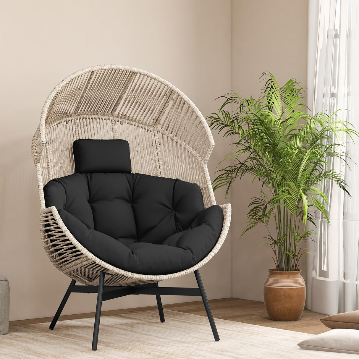 Tangkula Oversized Egg Style Chair, Wicker Stationary Patio Egg Chair w/Cushions & Headrest, Heavy-Duty Metal Frame, Patio Lounge Basket Sofa Chair for Yard, Porch, Living Room Tangkula