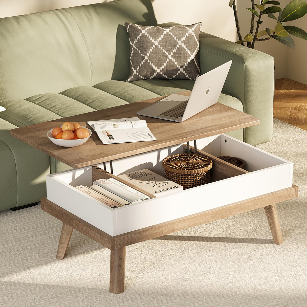 Meilocar Wood Coffee Table, Lift Top Coffee Table with Hidden Compartment, Coffee Table for Living Room Reception Room, 39.4in L, Ivory Meilocar