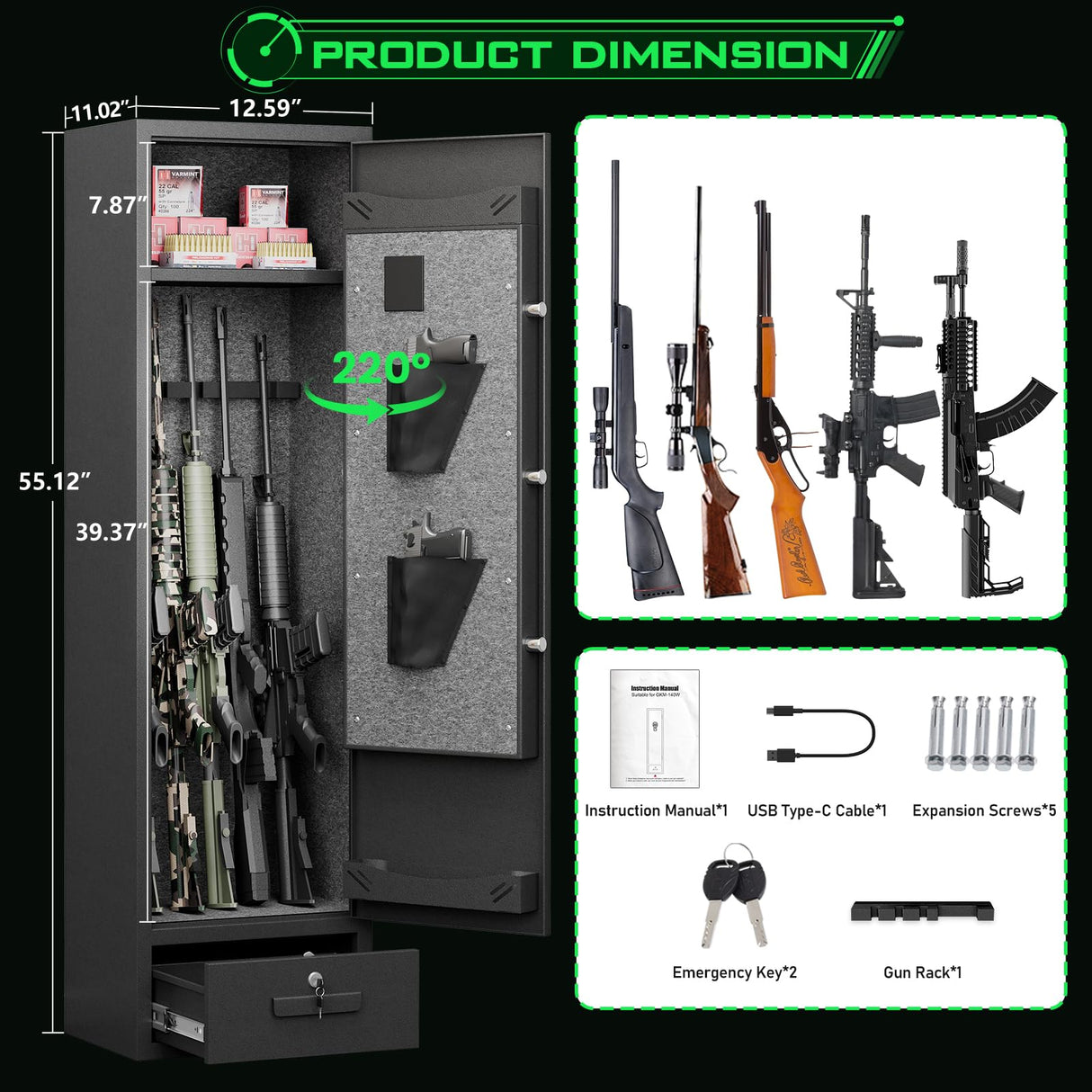 kavey 4-6 Gun Safe, Gun Safes for Home Rifles and Pistols, Rifle Safe, Quick Access Gun Cabinet for Rifles and Shotguns with Backlit Backlit Keypad, Gun Safes & Cabinets with Drawer and 3 Gun Racks kavey