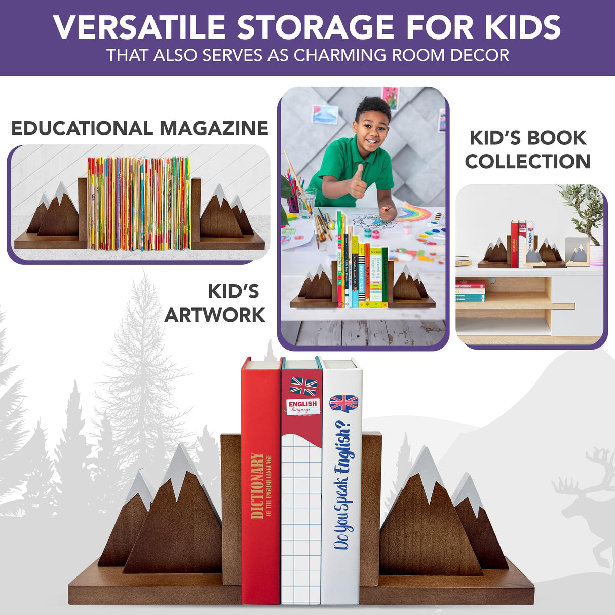 Decorably Dark Walnut Mountain Book Ends for Kids - 1 Set Non-Skid Wooden Bookends for Shelves, Book Ends Decorative Decorably