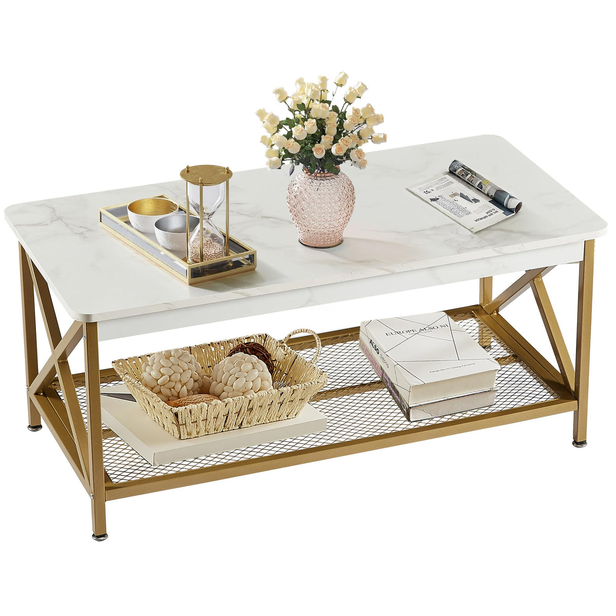 VECELO Coffee Table with 2-Tier Storage Shelf X-Frame for Living Room, Office Industrial Style,Easy Assembly, 39 inch White Gold VECELO