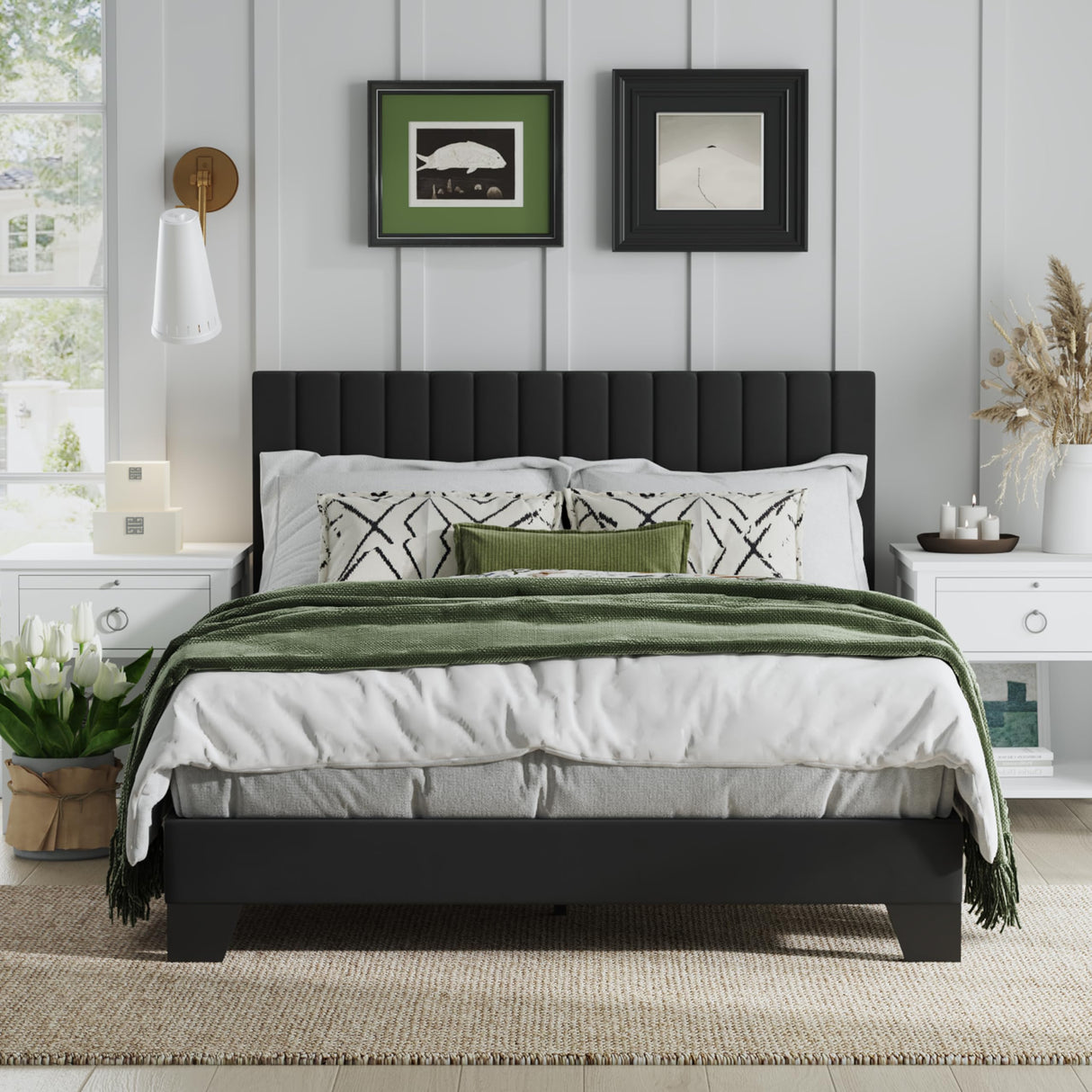 AILUNWALL Full Size Bed Frame, Velvet Upholstered Platform Bed with Adjustable Tufted Headboard, Sturdy Frame and Slats, Noiseless, No Box Spring Required, Easy to Assemble, Black AILUNWALL