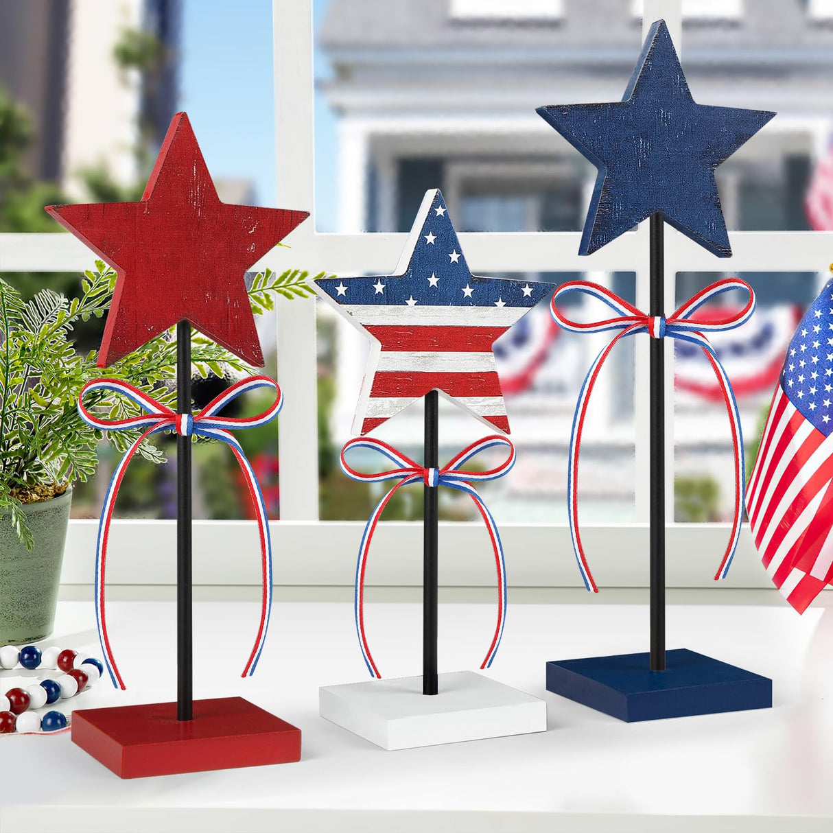 4th of July Tiered Tray Decor Wooden Star Set, 3 Pcs Memorial Day Table Decorations, Rustic Patriotic Tabletop Home Decor, Red White and Blue Decorations for Home (Retro) Hedeey