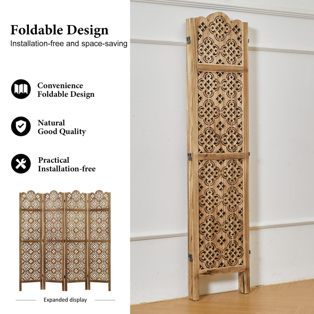 Svimi 5.75Ft Room Divider Wood Carved Wall Divider Indoor Folding Portable Partition Screen for Home Office Garden Terrace - 4 Panel (Antique Brown) Svimi