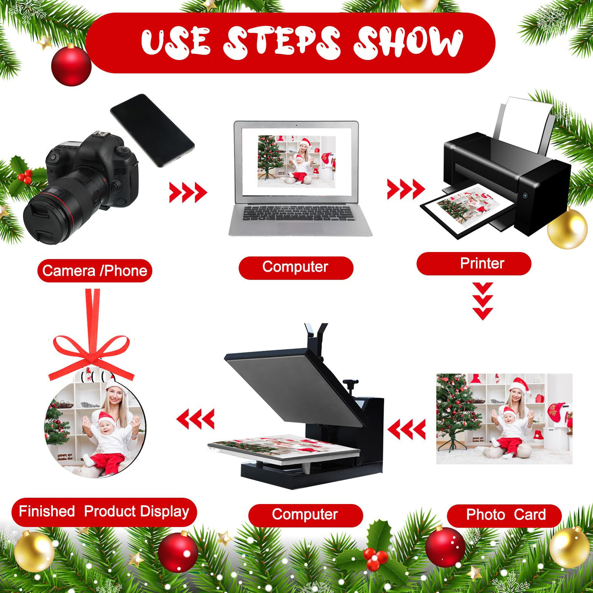 30 Pieces Sublimation Ornament Blank Sublimation Double Sided Blanks Christmas Ornament Blank Personalized Sublimation Blank Pendants DIY Sublimation Pendant Blank with Red Ribbon (Snowflake Style) Blulu