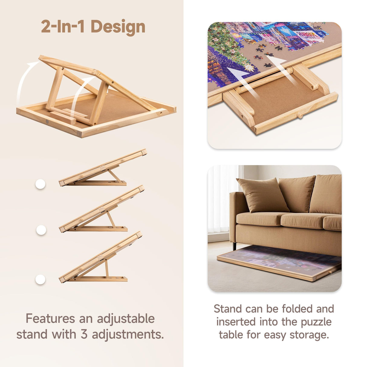 Tektalk Jigsaw Puzzle Table with Integrated Adjustable Stand/Bracket and Removable Cover, 3-Tilting-Angle Wooden Plateau Portable Puzzle Board with 4 Sorting Drawers, for Up to 1000 Pieces Tektalk