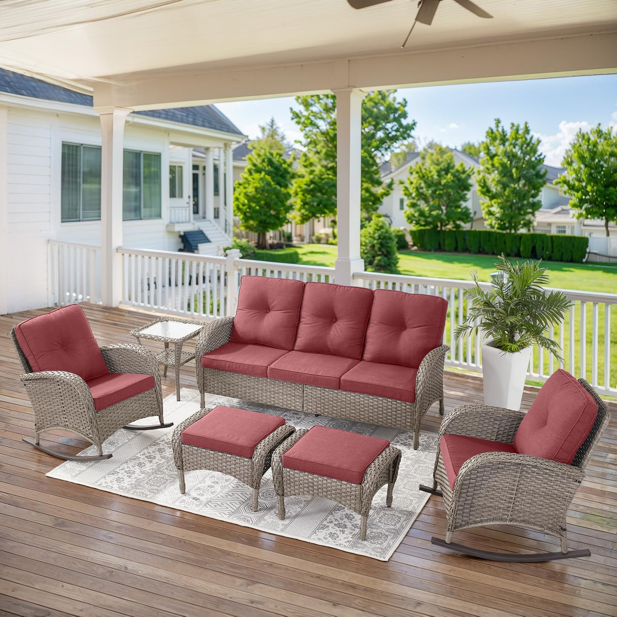 5 Piece Patio Rocking Chairs Furniture Set - Outdoor Wicker Furniture with Ottomans and Side Table, Rattan Conversation Bistro Set for Porch Balcony Backyard Belord