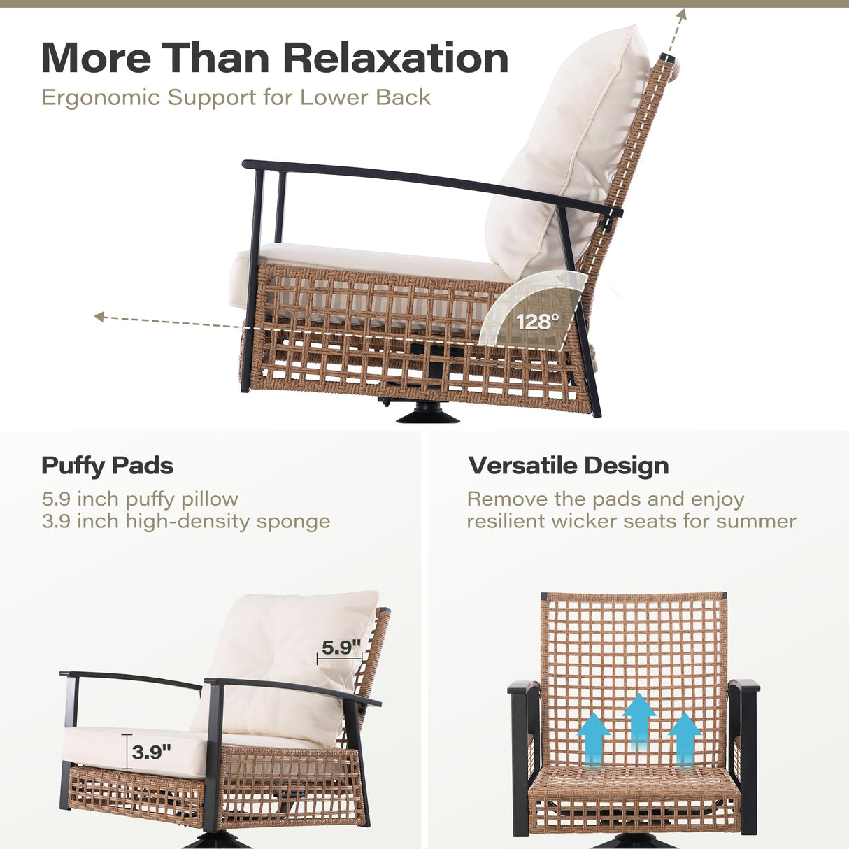 LAUSAINT HOME 3 Pieces Outdoor Swivel Rocker Patio Chairs, Wicker Patio Bistro Set with 2 Rocking Chairs and 1 Coffee Table, Patio Furniture Set with Thickened Cushions for Porch, Backyard (Beige) LAUSAINT HOME