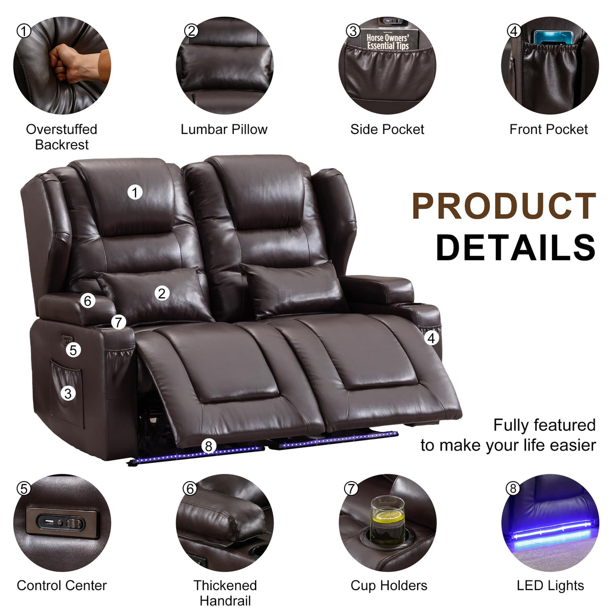 DRMBOOK RV Power Loveseat Recliner Sofa, Leather Double Wall Hugger Reclining Sofa, Home Theater Seating Chair with Cup Holders, 2 Person Couch RV Furniture for Living Room, Brown DRMBOOK