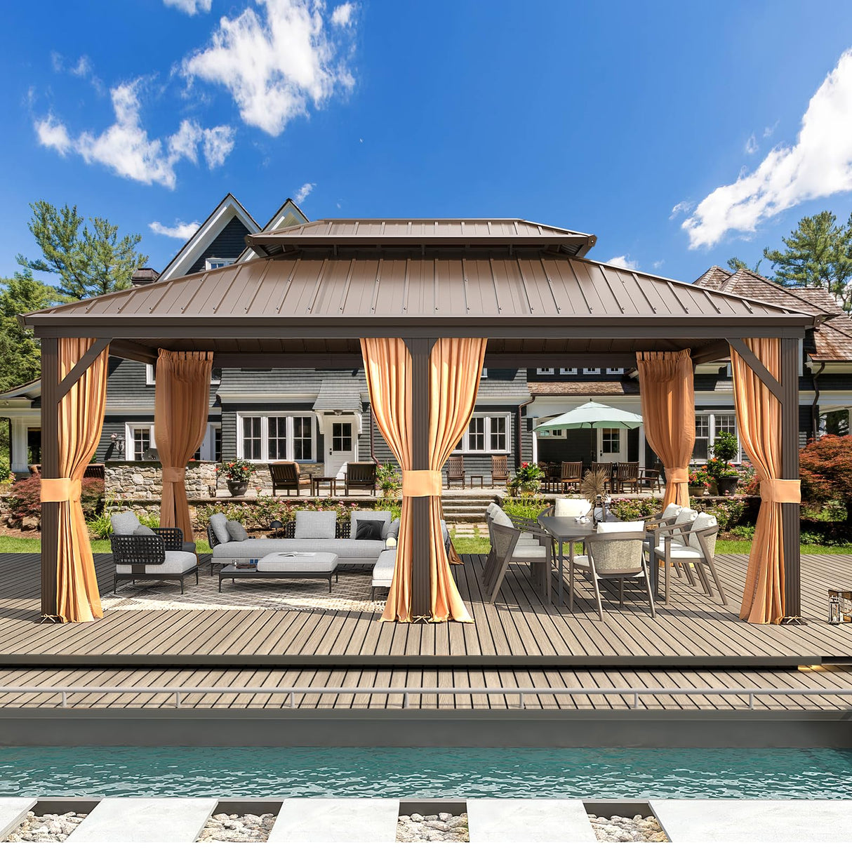 MELLCOM 12'x18' Hardtop Gazebo, Galvanized Steel Metal Double Roof Aluminum Gazebo with Curtain and Netting, Brown Permanent Pavilion Gazebo for Patio, Lawn & Garden MELLCOM