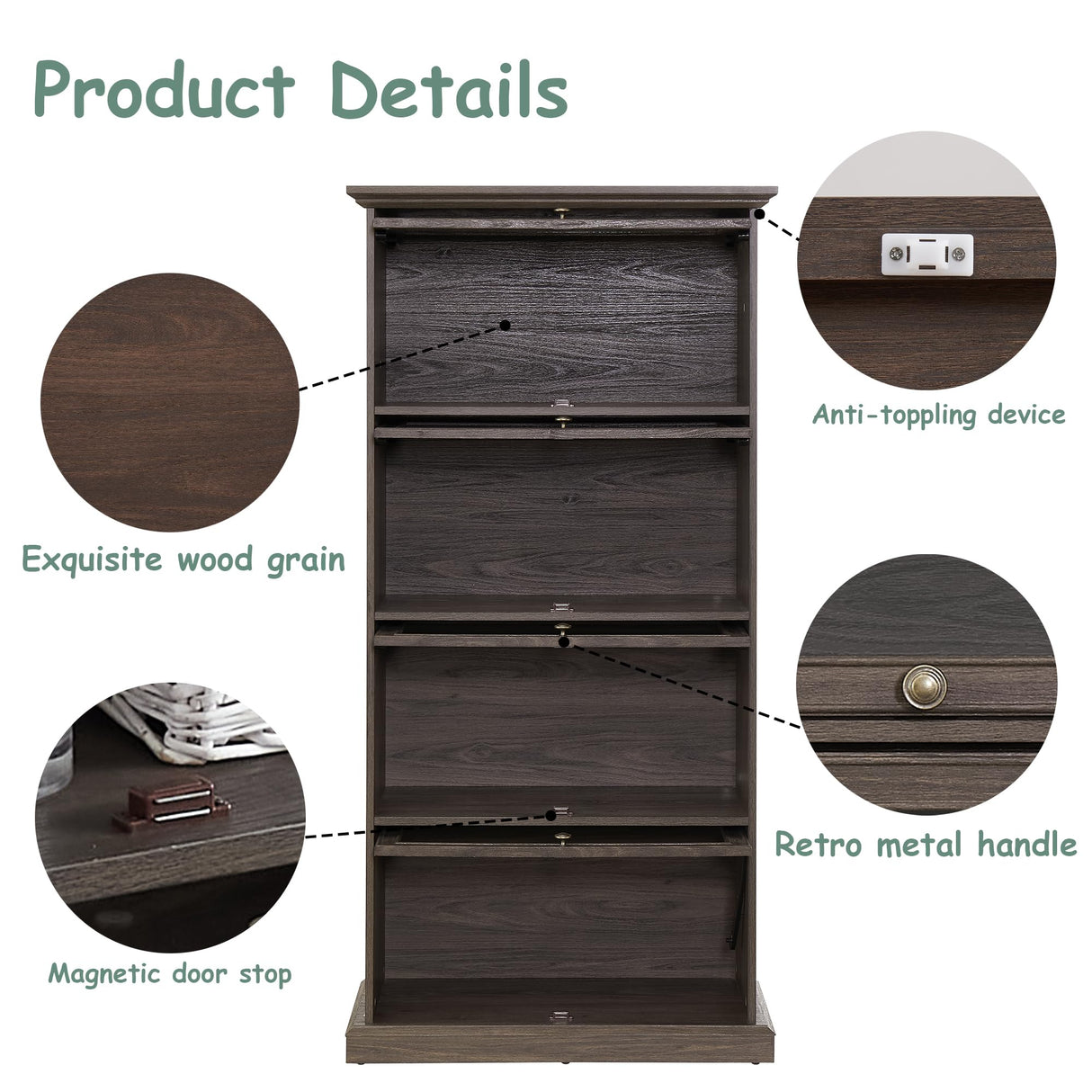 HIUU Brown Glass Display Curio Cabinet with Glass Doors,Brown Showcase Display Cabinet,Shelves with Flip-Up Glass Doors,Farmhouse Barrister Bookcase HIUU