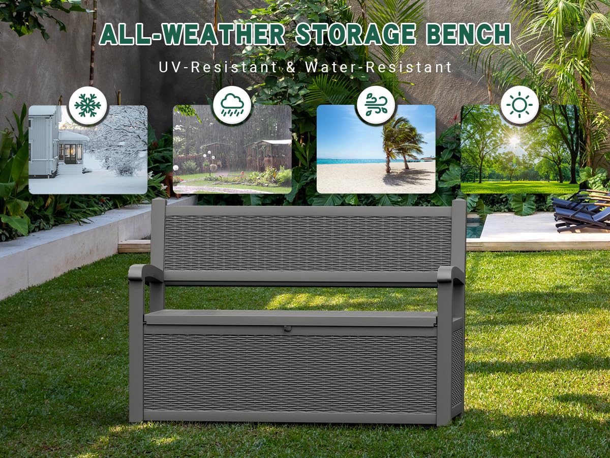 70 Gallon Outdoor Storage Bench Deck Box Lockable for Patio Furniture, Outdoor Porch Bench with Storage Waterproof for Cushions, Garden Tools and Pool Supplies, Grey LHBcraft