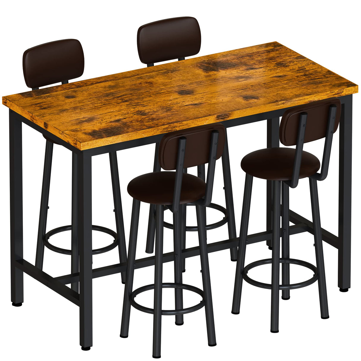 Lamerge Rustic Brown Industrial Dining Table Set for 4 with PU Upholstered Stools Lamerge