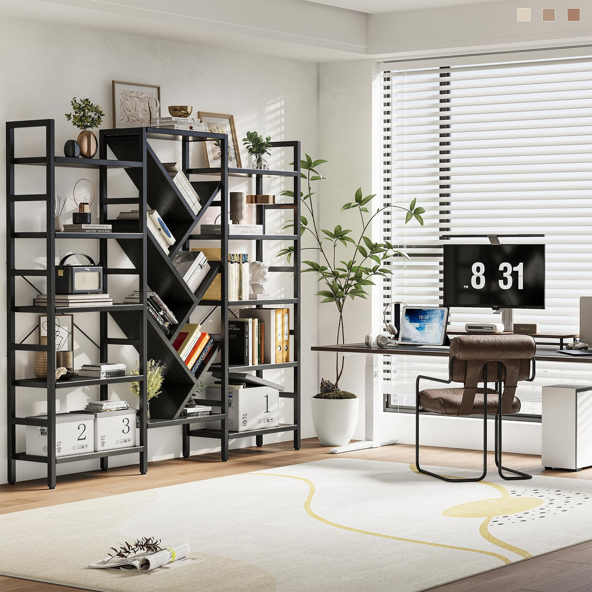 INNOD 70x70” Triple 5 Tier Book Shelf, Large Wooden Bookcase with 17 Open Display Shelf, Modern Tree Bookshelf Metal Frame Tall Book Case Furniture for Living Room Bedroom Home Office Black INNOD