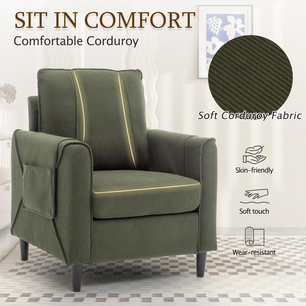 Korser Accent Chair Set of 2, Armchair for Living Room, Mid-Century Modern Upholstered ReadingChair, Comfy Club Chair with Side Pockets and Soft Cushion, Corduroy Fabric Sofachair for Bedroom Korser