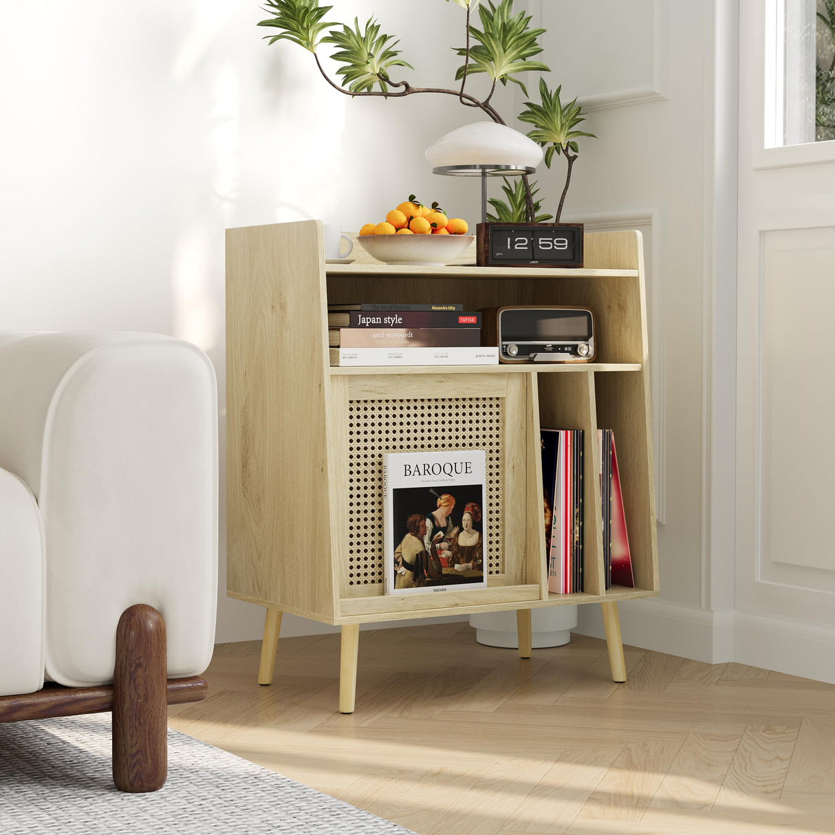 Semiocthome Record Player Stand with Vinyl Storage, Record Player Table with Storage Shelf, Turntable Stand with Rattan Cabinet Door, Side Table with Solid Wood Legs for Turntables for Living Room Semiocthome