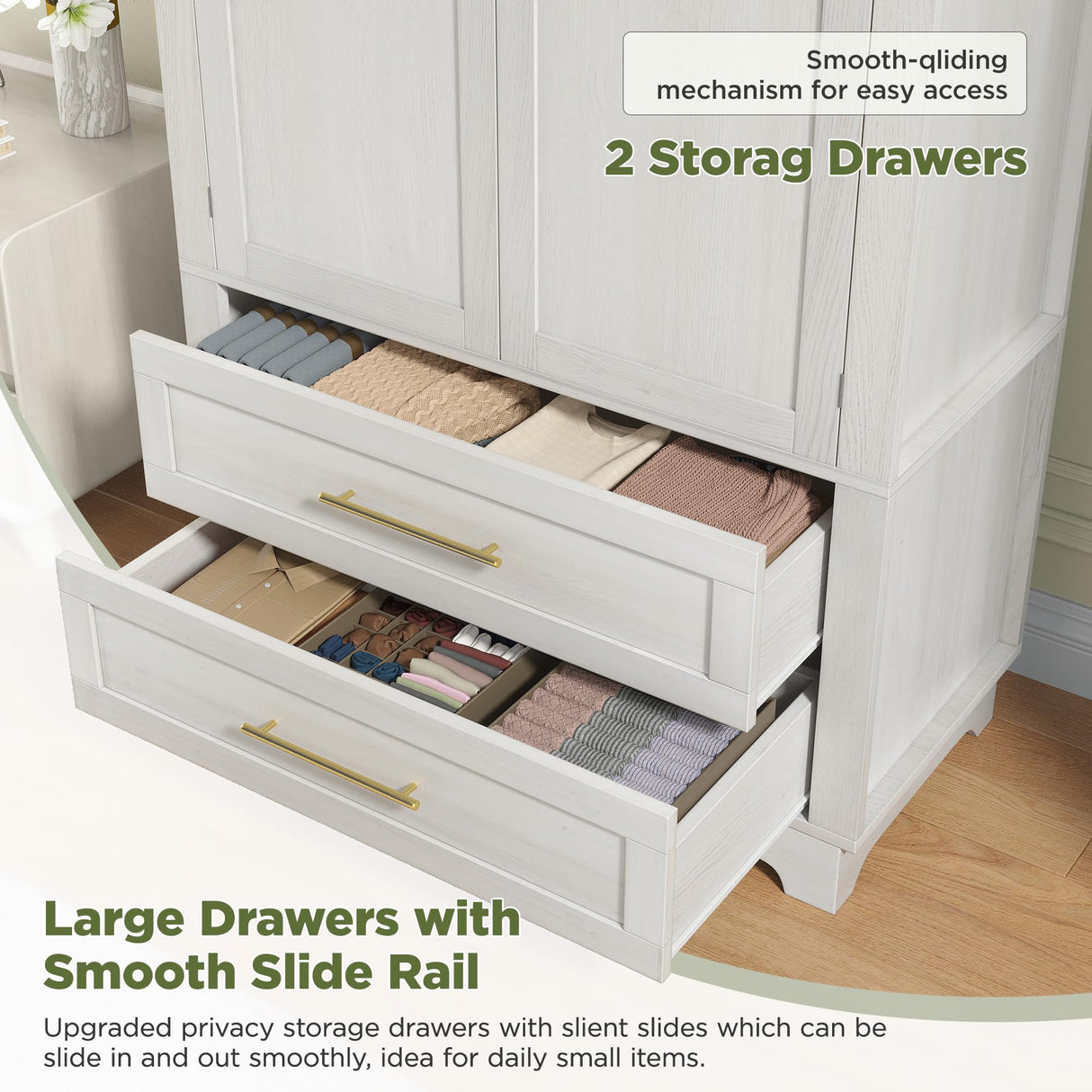 Maupvit Wardrobe Closet, Modern Armoire Wardrobe Closet with 2 Drawers and Arched Doors, 73" Tall Wooden Bedroom Armoires with Shelves and Hanging Rod, White Maupvit