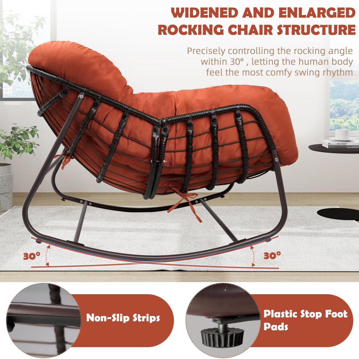 TIMWNER Papasan Rocking Chair Indoor & Outdoor, All Weather Wicker Papasan Patio Chair with Cushion & Pillow, Oversized Papasan Rocker Egg Chair for Bedroom, Garden, Patio - Red. TIMWNER