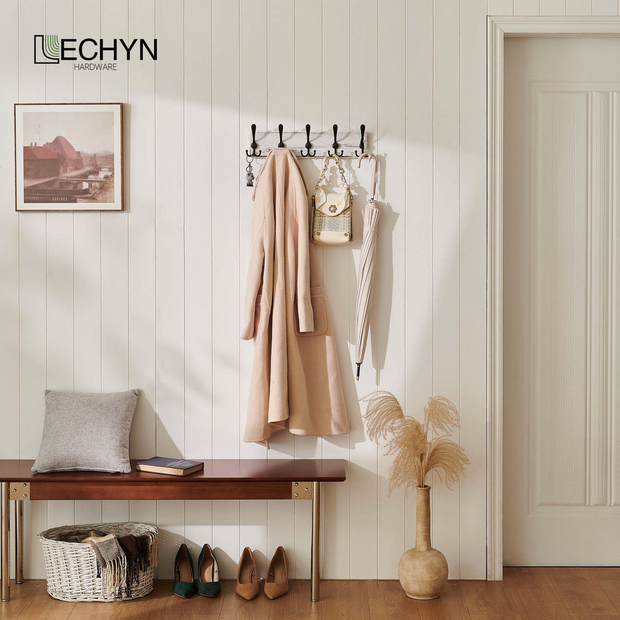 LECHYN Rustic Wooden Coat Rack Wall Mount with 5 Hooks, Farmhouse Wood Coat Hanger Wall Mount Heavy Duty for Hanging Jacket Coat (White) LECHYN