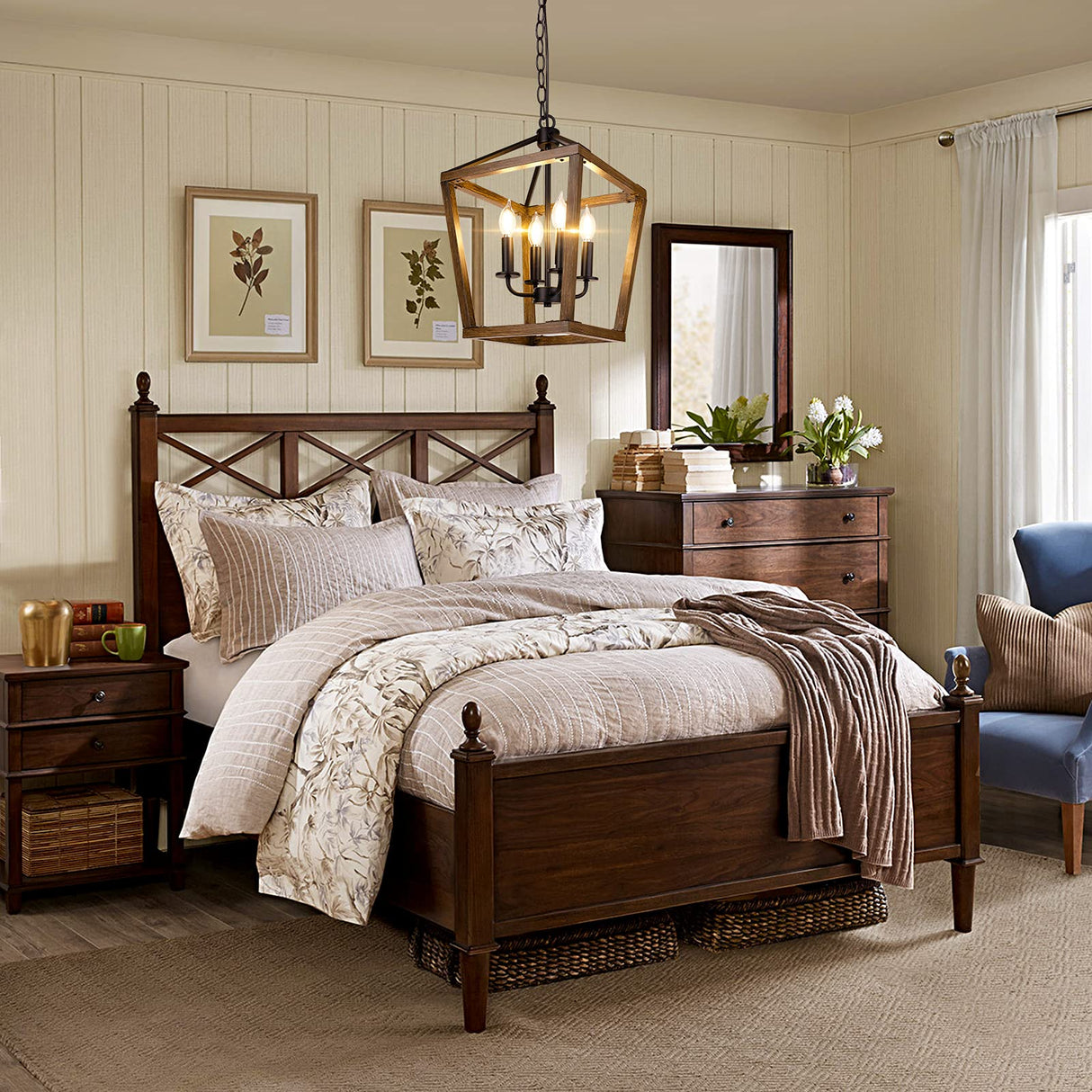 Farmhouse Chandelier Light Fixture for Kitchen Dining Room, 4-Light Rustic Pendant Hanging Ceiling Light Height Adjustable in Oak Wood Finish, Cage Lantern Lighting with E12 Base for Hallway Foyer BrightHome