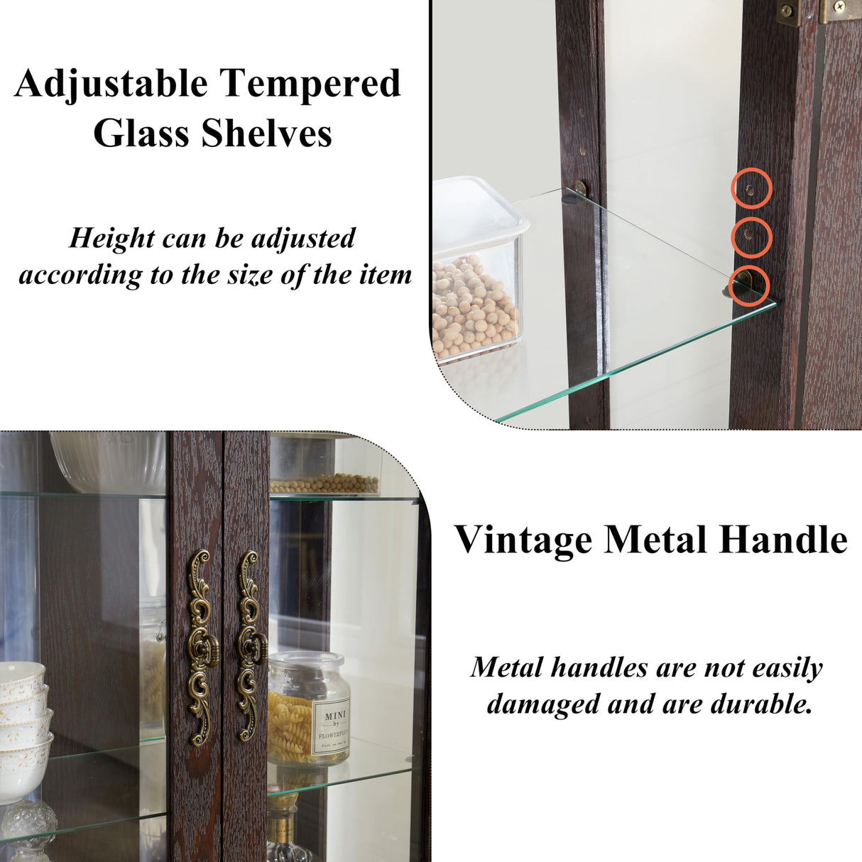 lunhung 3-Tier Lighted Glass Display Curio Cabinet with 2 Tempered Glass Doors,Curio Case with Mirrored Back Panel & Adjustable Shelves,Wine Artwork Display Cabinet for Living Room,Kitchen(Cherry) lunhung