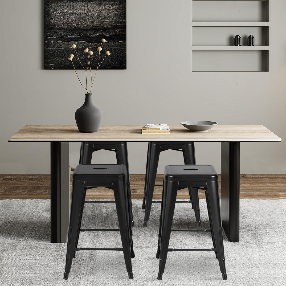 FDW Metal Bar Stools Set of 4 Counter Height Bar Stools 24 Inches Industrial Bar Chairs Patio Stool Stackable Backless Stool Indoor Outdoor Metal Kitchen Stools Bar Chairs (Black, 24") FDW