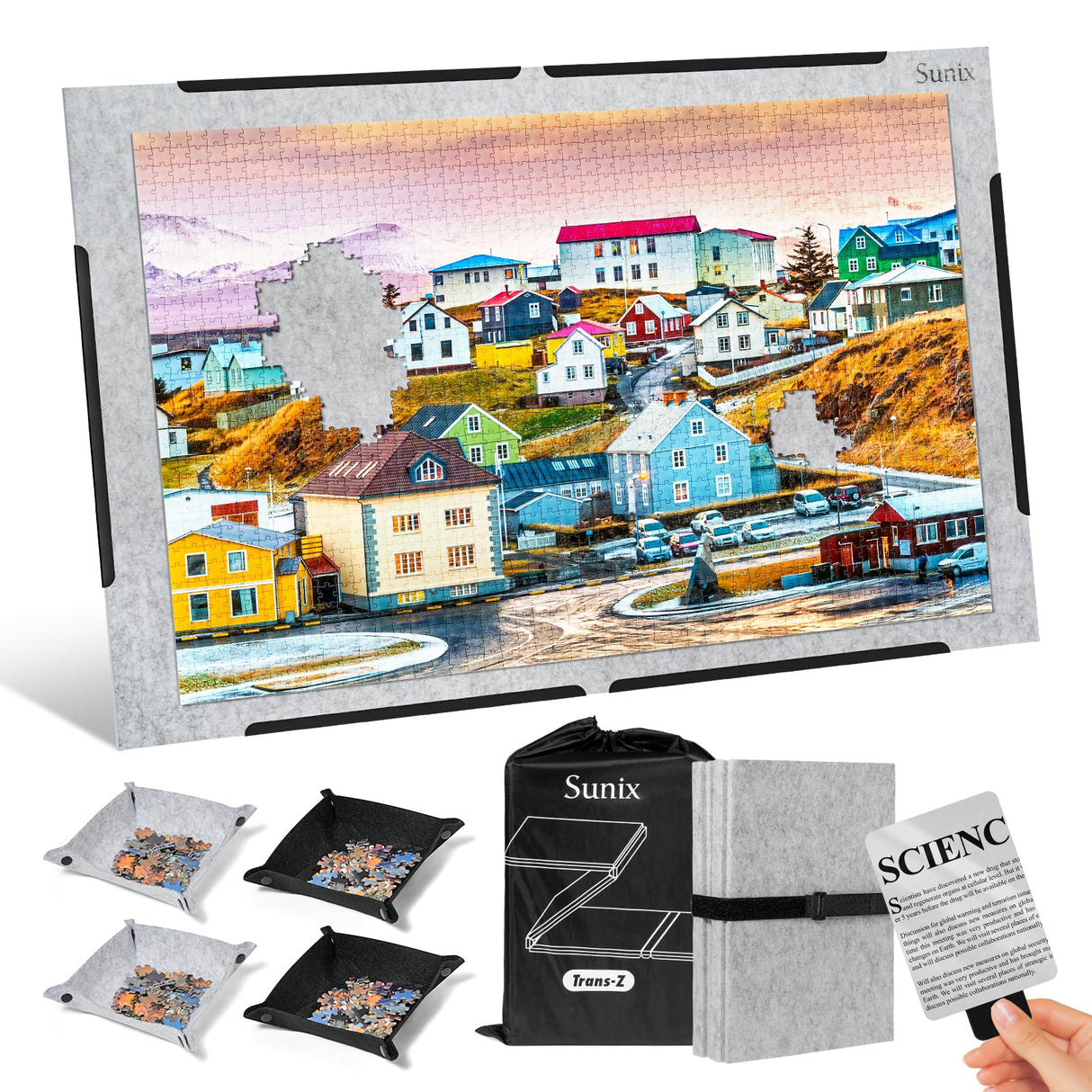 Sunix 1500 Pieces Jigsaw Puzzle Board, Foldable Puzzle Mat with Non-Slip Surface & 4 Sorting Trays, 39" x 26" Large Portable Puzzle Board Puzzle Pad, Felt Puzzle Table Top for Adults and Kids Sunix