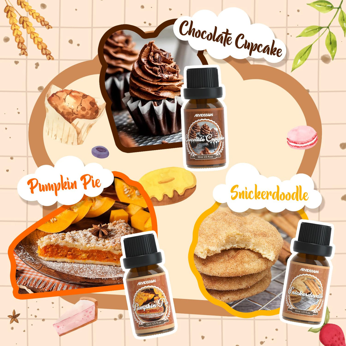 Bakery Fragrance Oils Set, ARVIDSSON Bakery Dessert Essential Oils for Candle Making, Pumpkin Pie, Snickerdoodle, Gingerbread, Creamy Vanilla and More, Cozy Fall Essential Oils for Diffuser ARVIDSSON