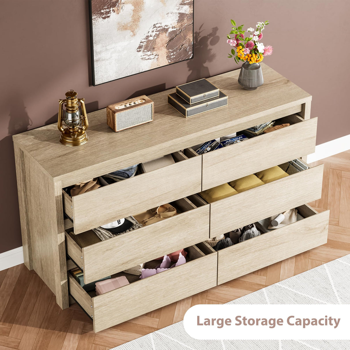 GarveeHome 6 Drawer Dresser for Bedroom, Wide Wood Chest of Drawers Handle Free, Large Modern Dresser Storage Cabinet for Living Room, Hallway Entryway GarveeHome