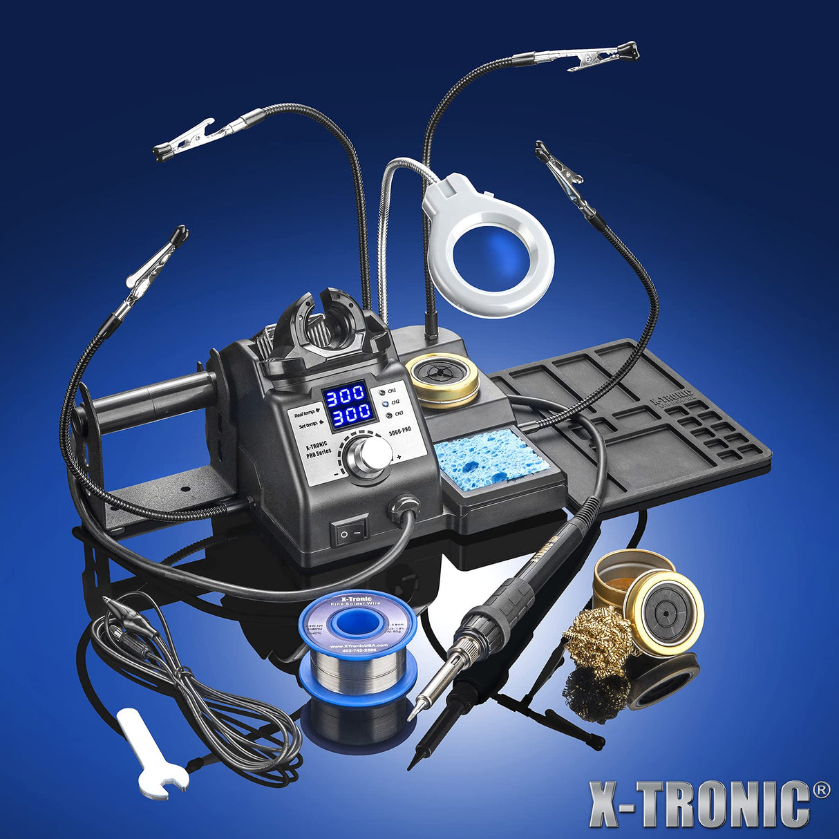 X-Tronic 3060-PRO - 75 Watt Soldering Iron Station with Mini Mag Lamp & 4 Helping Hands - 2 Digital LED Displays, 3 Temp Presets, Sleep Func, C/F Func, Brass Sponge w/Flux & Wet Sponge X-TRONIC