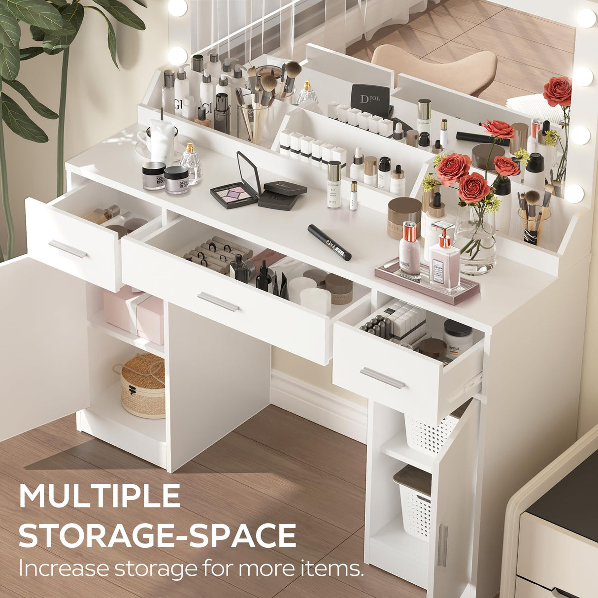 MIRROTOWEL 47.5” Vanity Desk with Large Mirror, 3 Colour Lighting Modes, Adjustable Brightness, Dresser with 3 Drawers & 2 Vertical Cabinets, Makeup Vanity Table for Women Girls White MIRROTOWEL