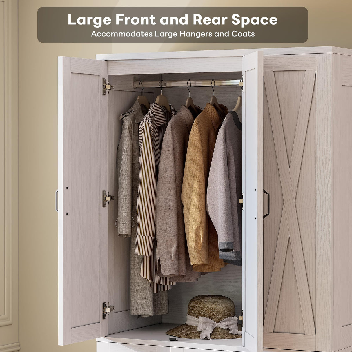 LIKIMIO Wardrobe Closet with 5 Cabinet Doors and 3 Drawers, Large-Capacity Deep Armoire for Bedroom with 3 Side Hooks, Hanging Rod and Anti - tip Kit, White LIKIMIO