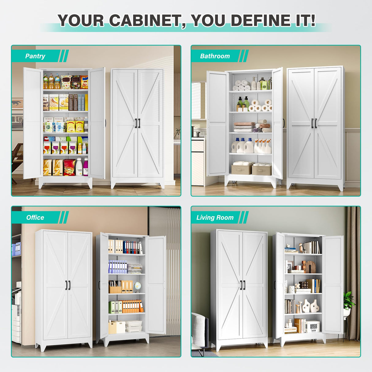 75" Tall Pantry Cabinet,Farmhouse Kitchen Pantry Storage Cabinets with 2 Doors and 4 Shelves,White Metal Storage Cabinet,Large Cupboard for Home,Kitchen,Dining/Living Room SISESOL