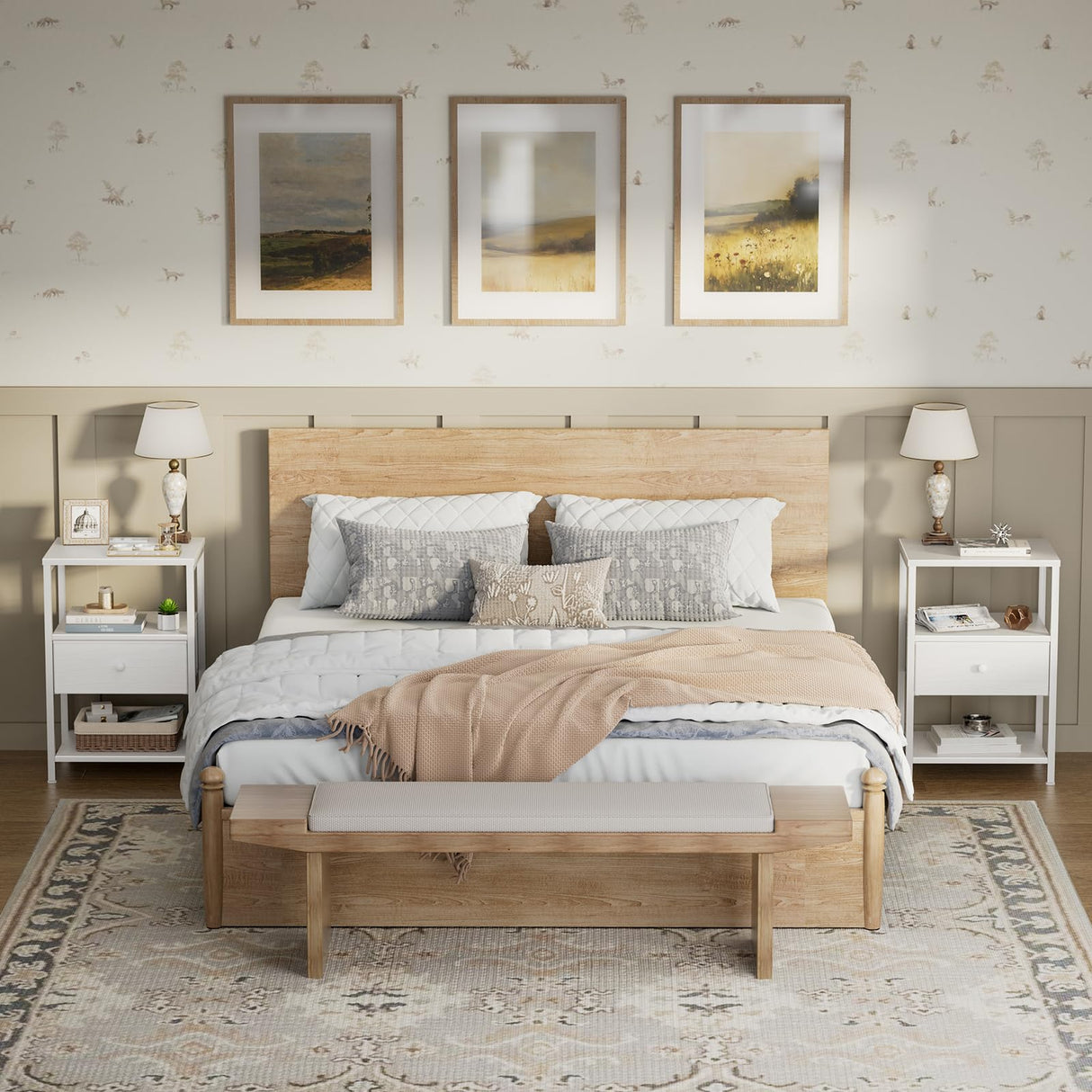 BOLUO White Nightstand with Charging Station, LED Night Stand with Fabric Drawers and Shelf, Bedside Table with USB Ports and Outlets, Bedroom Nightstand Modern BOLUO