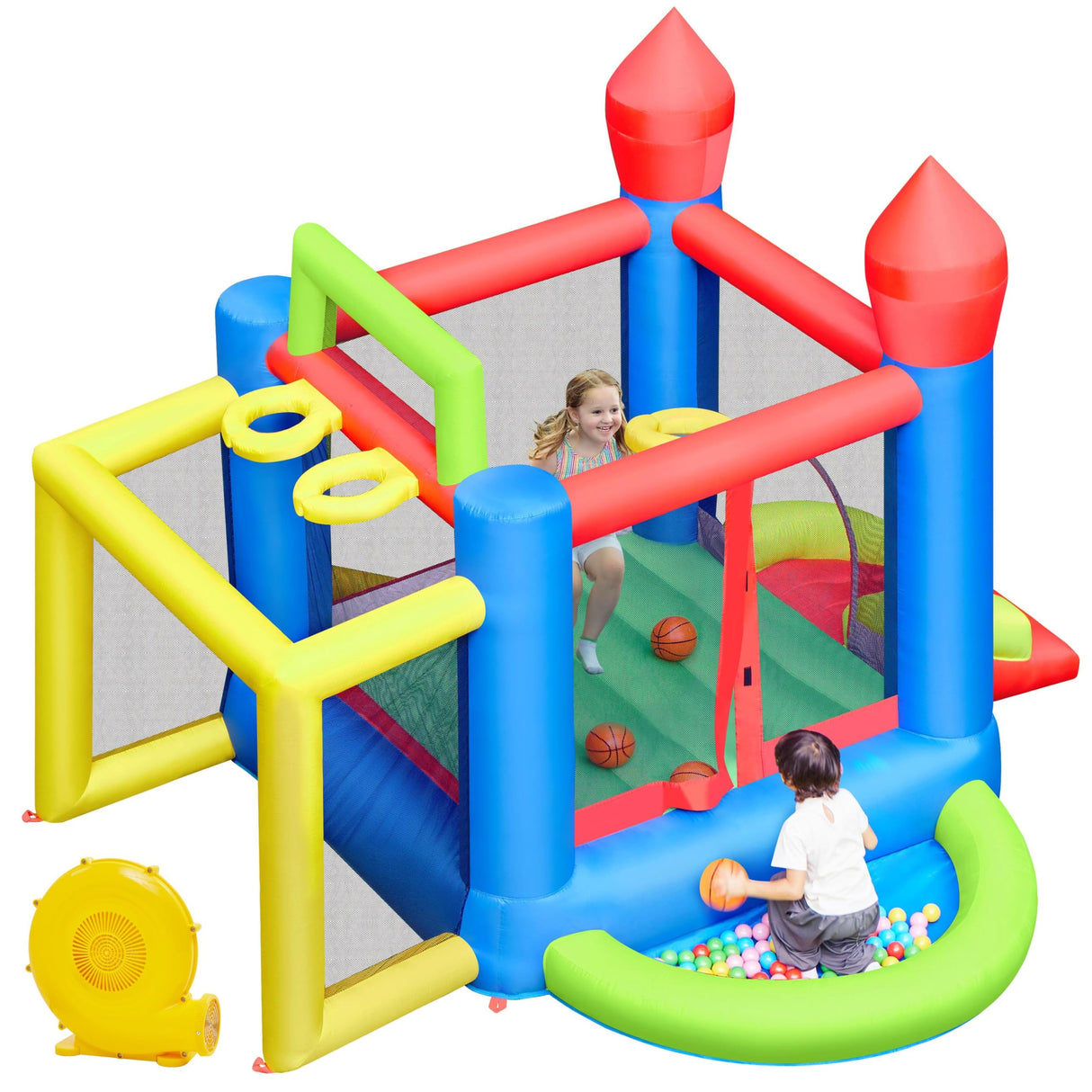 Yaheetech Inflatable Bounce House, 7-in-1 Bouncy Castle Combo w/Ball Pit & 3 Basketball Hoops & Soccer Goal & Dartboard & Slide, for Kids Aged 3-10 w/Storage Bag & 470W Blower Yaheetech
