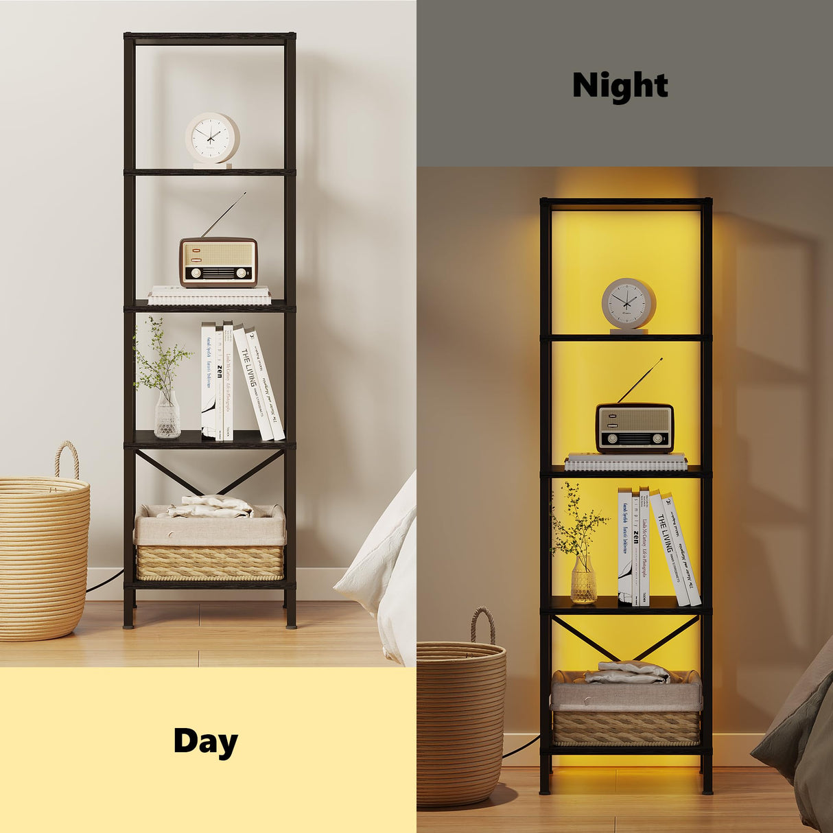 JARHETUN 5-Tier Bookshelf, Tall Narrow Bookcase with LED Lights, Book Shelf with Steel Frame, Display Storage Shelf for Living Room, Bedroom, Home Office, Study, Balcony, Black JARHETUN