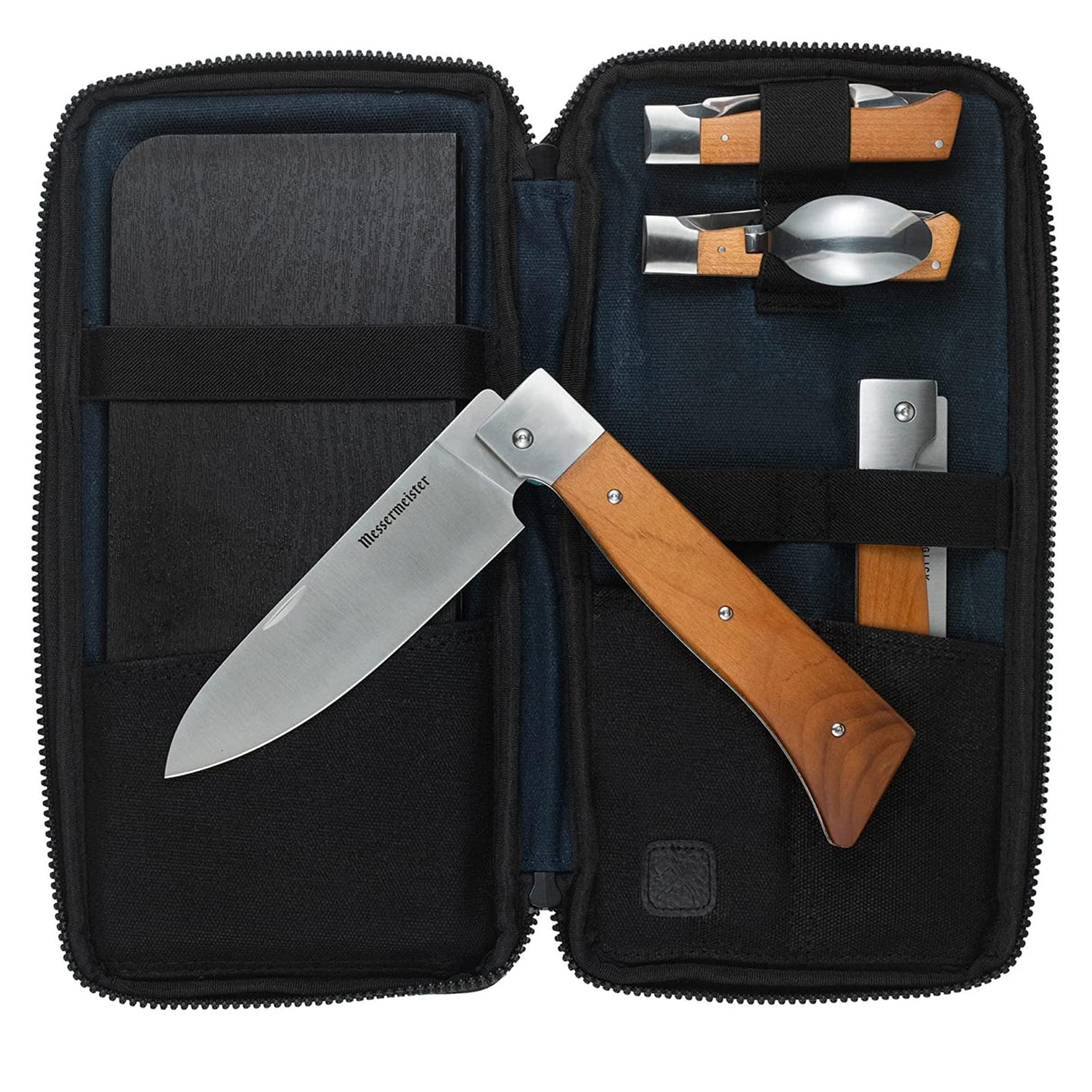 Messermeister Adventure Chef Summit Set, Carbonized Maple - Folding 6” Chef’s Knife, 6” Fillet Knife, Folding Steak Knife, Fork & Spoon, Folding Peeler & Parer, TPE Cutting Board + Waxed Canvas Case Messermeister