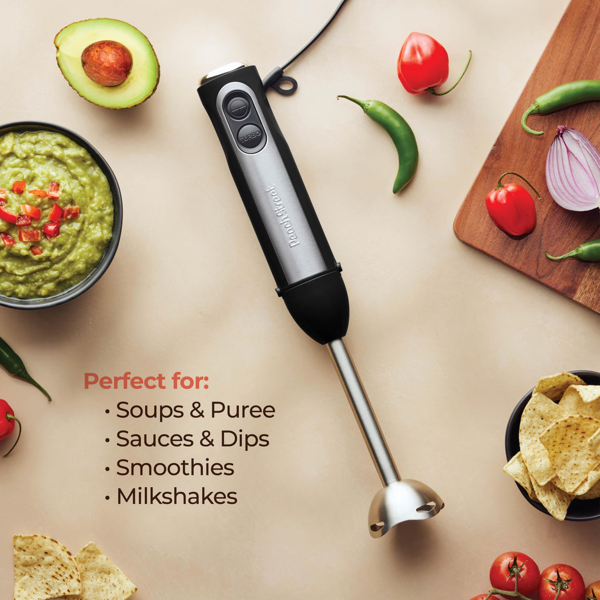 Powerful Immersion Blender, Electric Hand Blender 500 Watt with Turbo Mode, Detachable Base. Handheld Kitchen Gadget Blender Stick for Soup, Smoothie, Puree, Baby Food, 304 Stainless Steel Blades Peach Street
